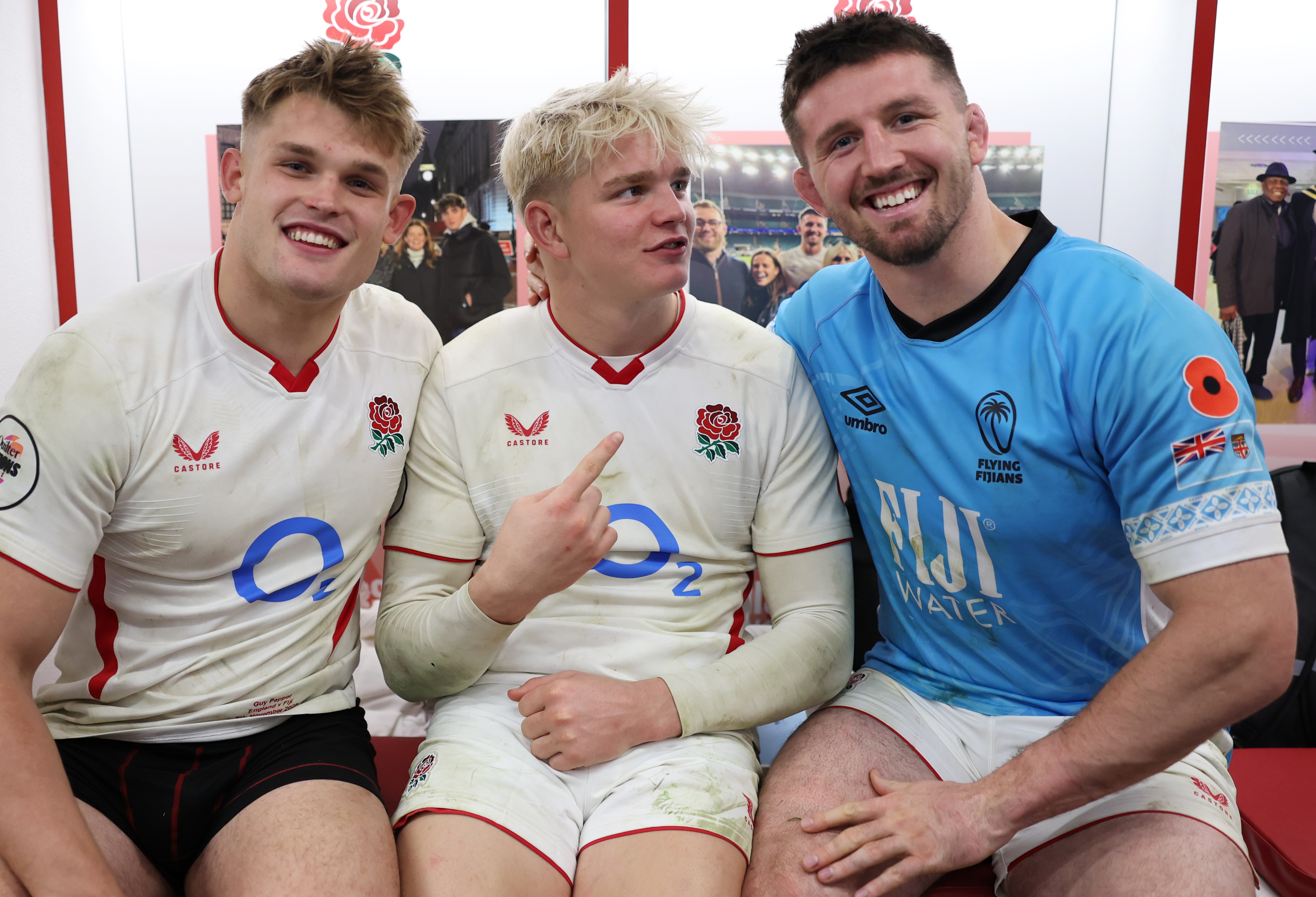Guy Pepper, Henry Pollock, and Tom Curry of England posing for a photo in the dressing room after the Quilter Nations Series 2025 match between England and Fiji.