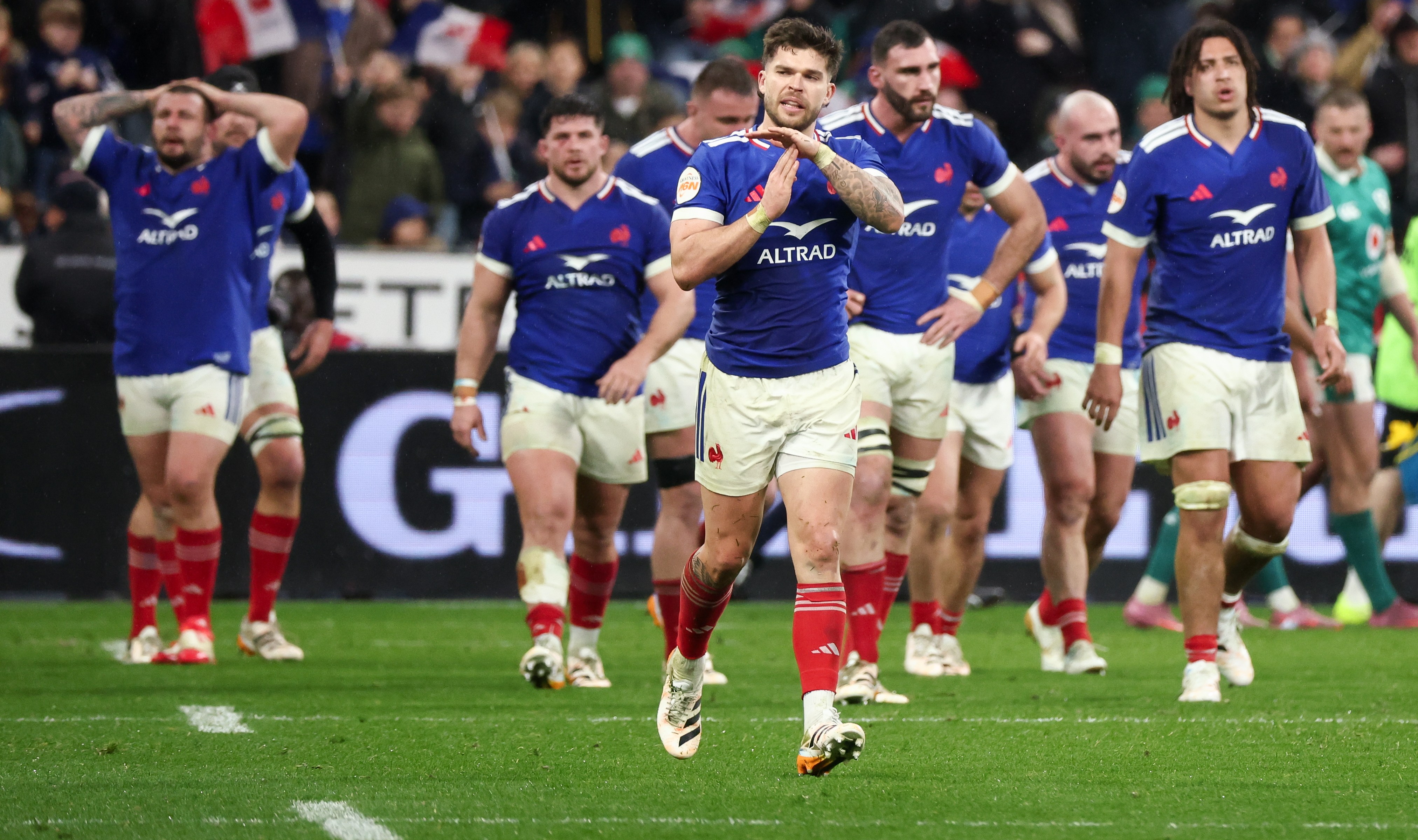 Matthieu Jalibert of France celebrates a try during the Guinness Six Nations 2026 match against Ireland.