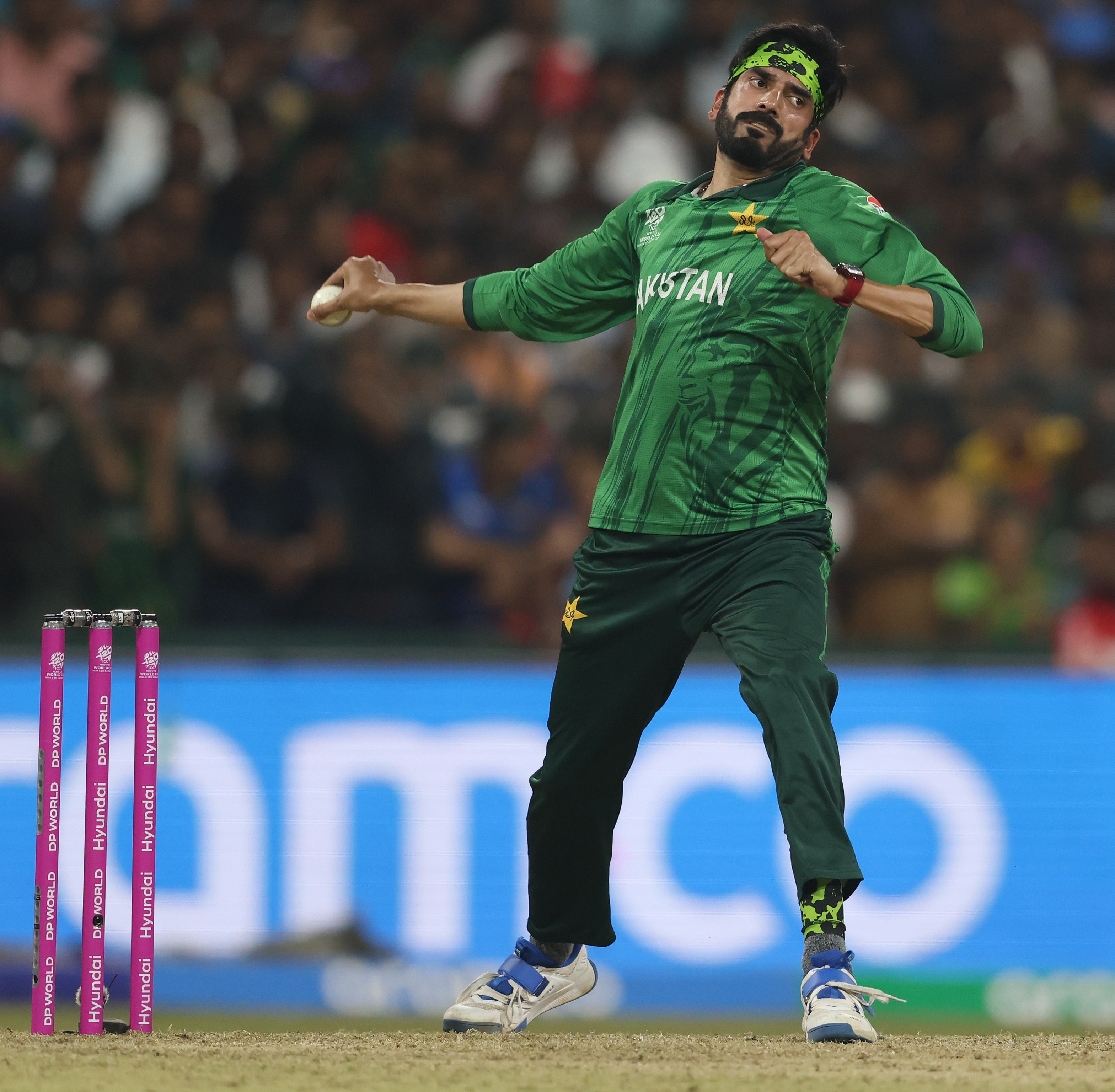 Usman Tariq of Pakistan bowling during the ICC Men's T20 World Cup.