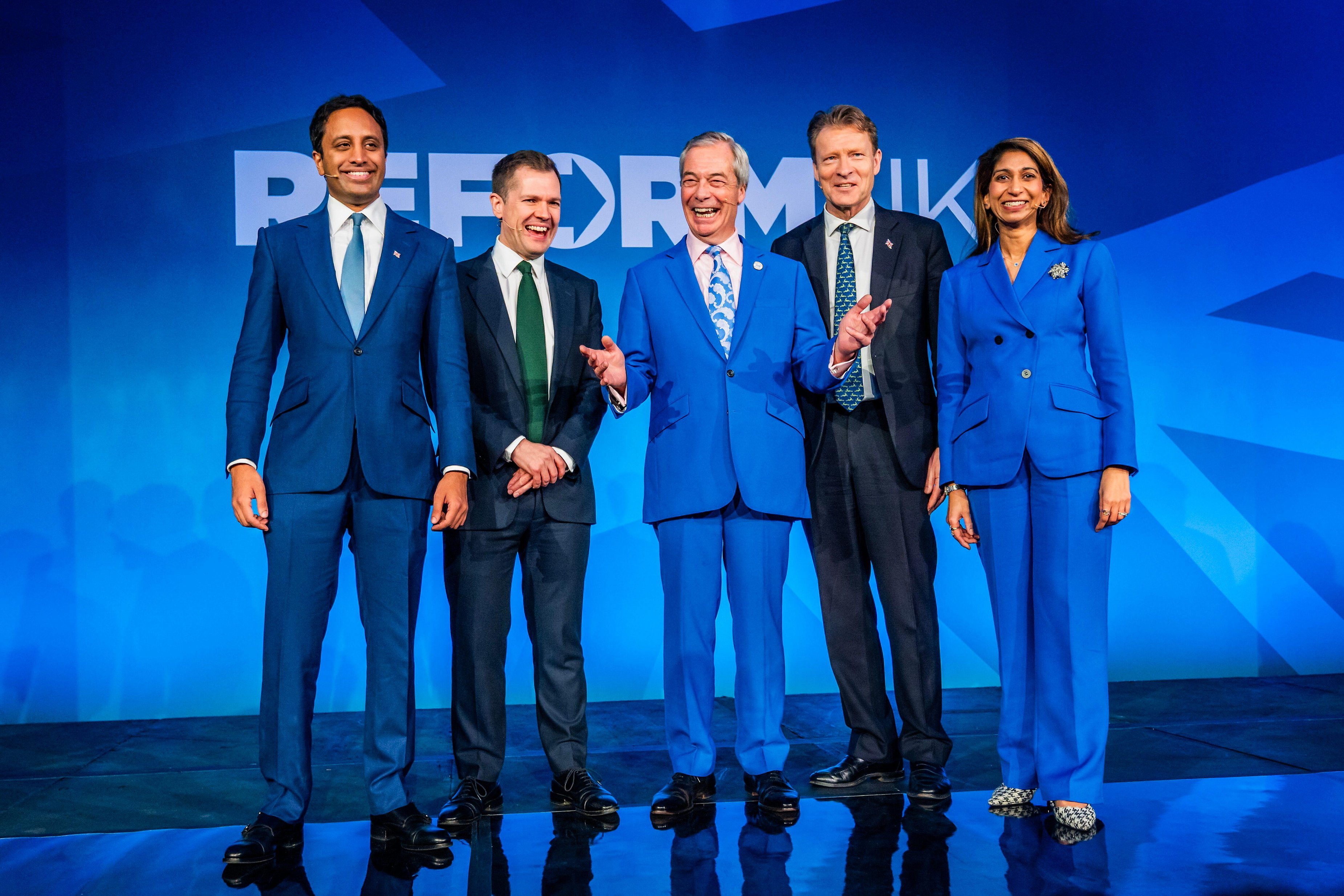Reform UK leader Nigel Farage with Zia Yusuf, Robert Jenrick, Richard Tice, and Suella Braverman at a press conference.