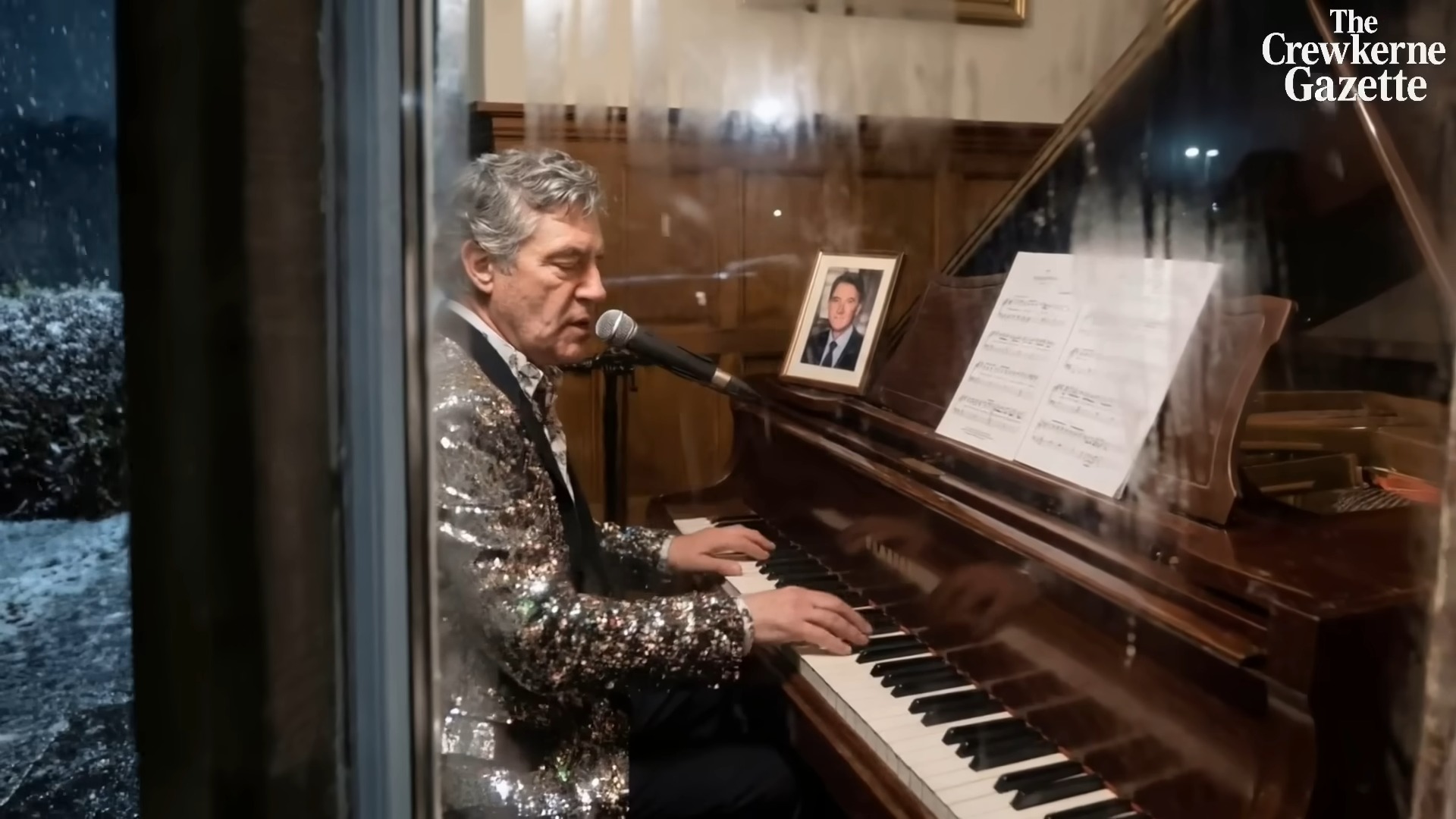 A man in a sequined jacket playing a piano with a microphone and a framed photo of Elvis Presley.