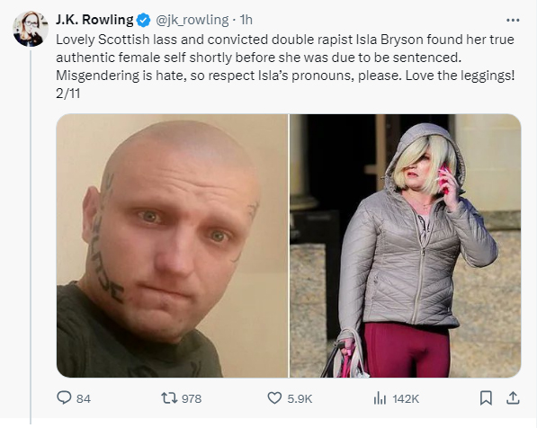 Collage of a bald man with facial tattoos and a woman in a hooded jacket talking on a phone, with a tweet by J.K. Rowling above them.
