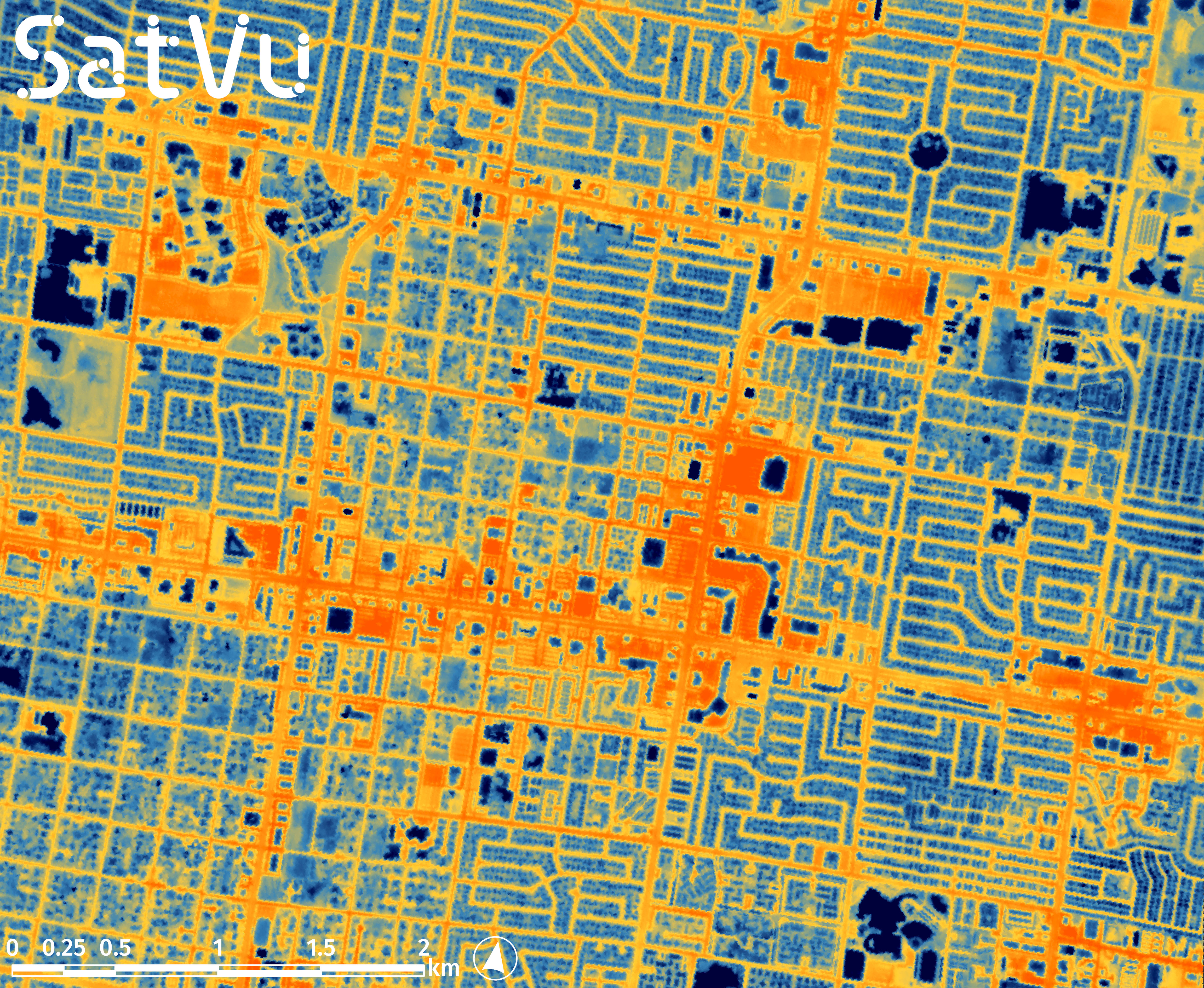 Satellite image of Las Vegas, USA, showing heat distribution, with warmer areas in orange and cooler areas in blue.