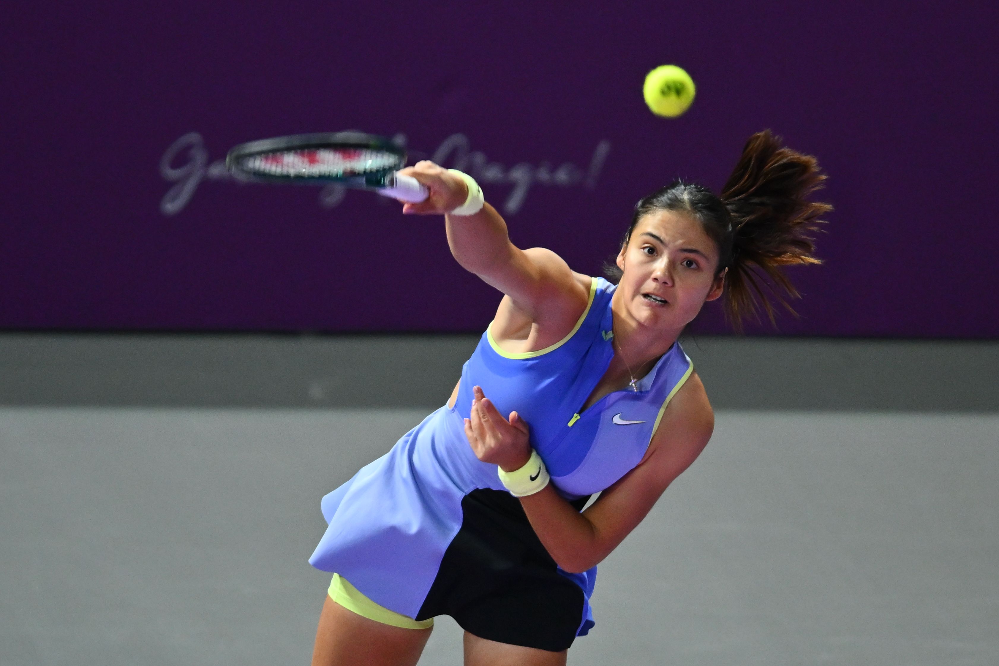 Emma Raducanu serving during the Transylvania Open 2026 tennis final.