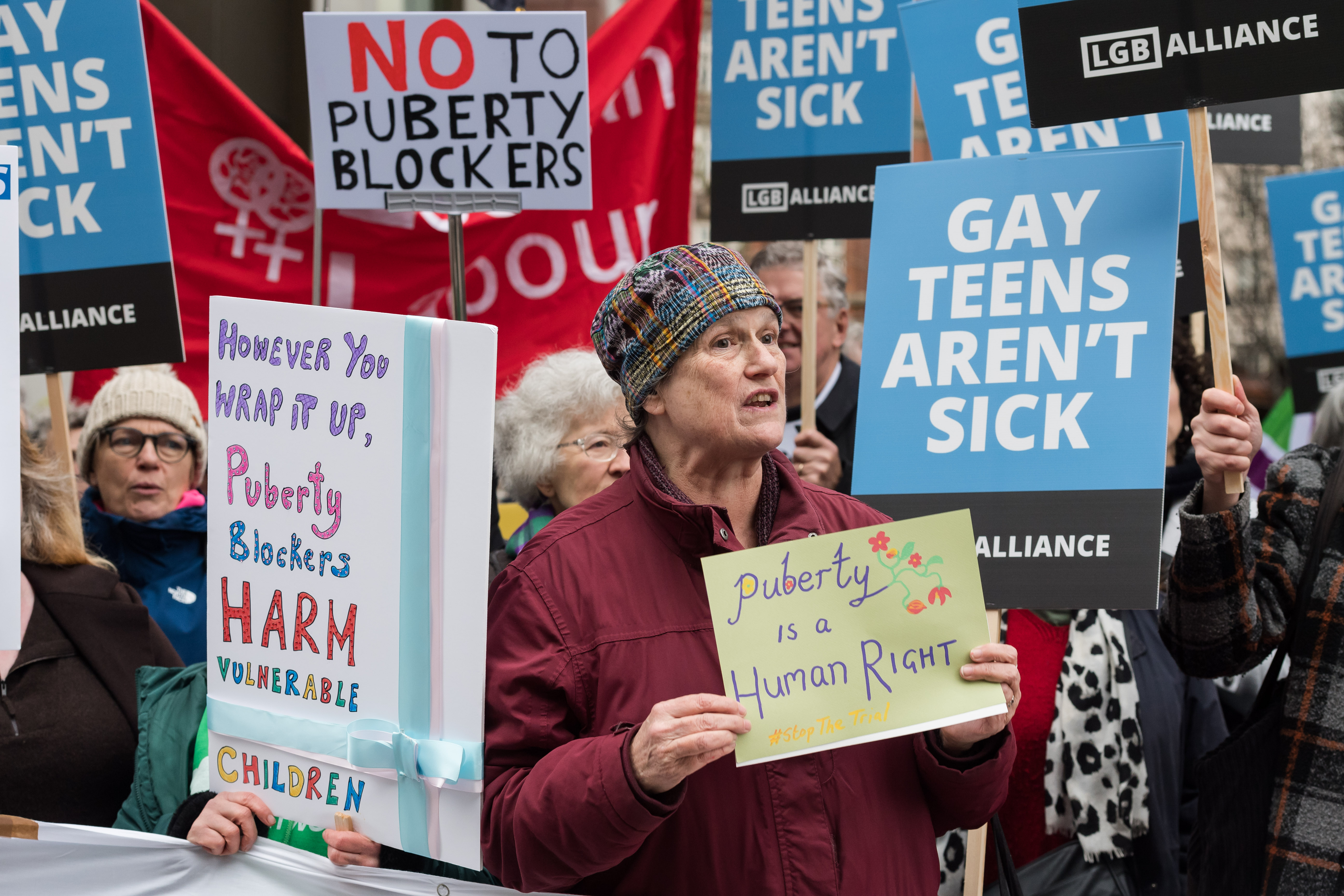 Demonstrators protest against the clinical trial of puberty blockers for gender-questioning children, holding signs that say "NO TO PUBERTY BLOCKERS," "Puberty Blockers HARM Vulnerable CHILDREN," "Puberty is a Human RIGHT," and "GAY TEENS AREN'T SICK."