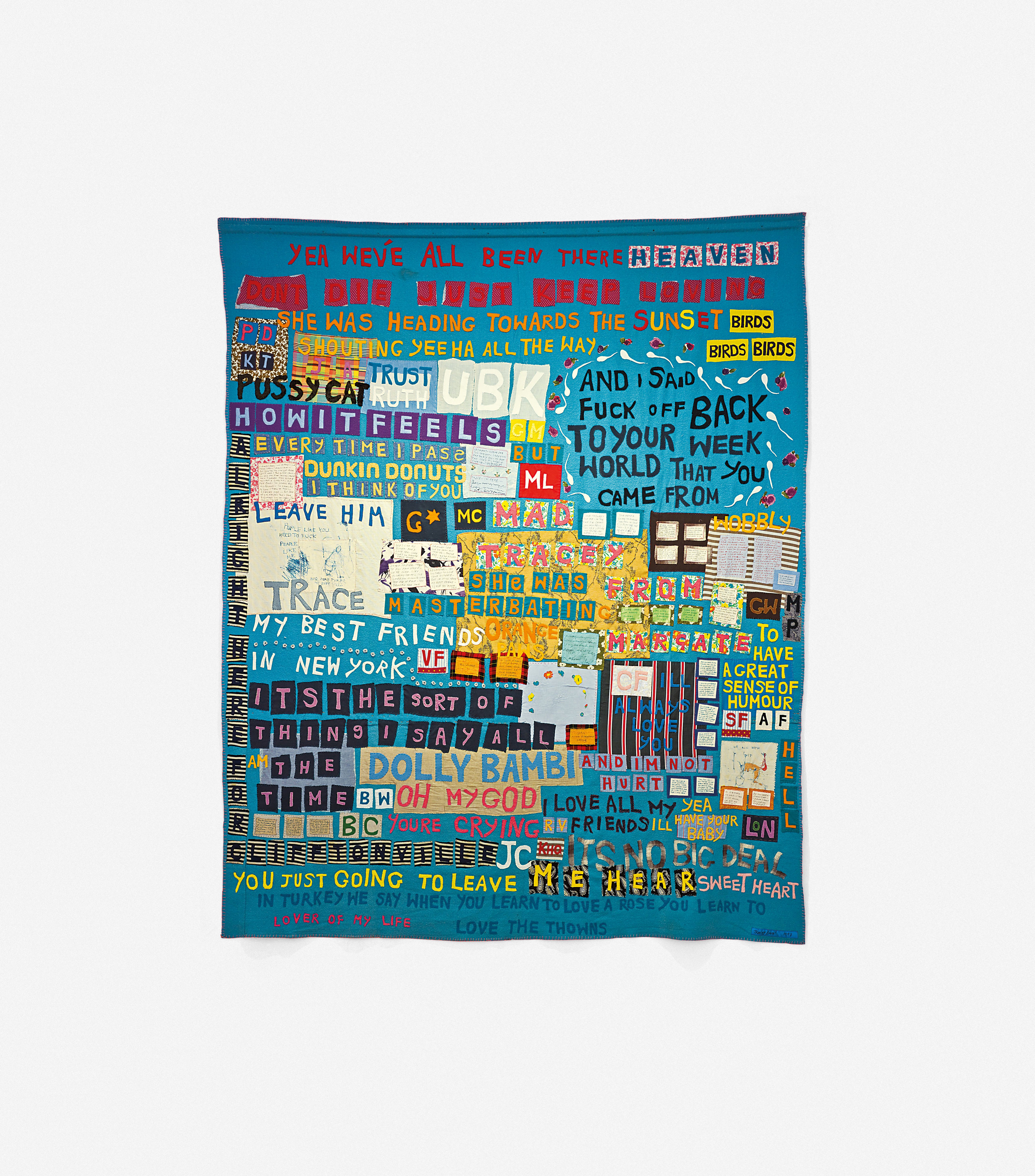 "Mad Tracey from Margate. Everyone's been there 1997", a vibrant blue appliquéd blanket with embroidered text and small images.