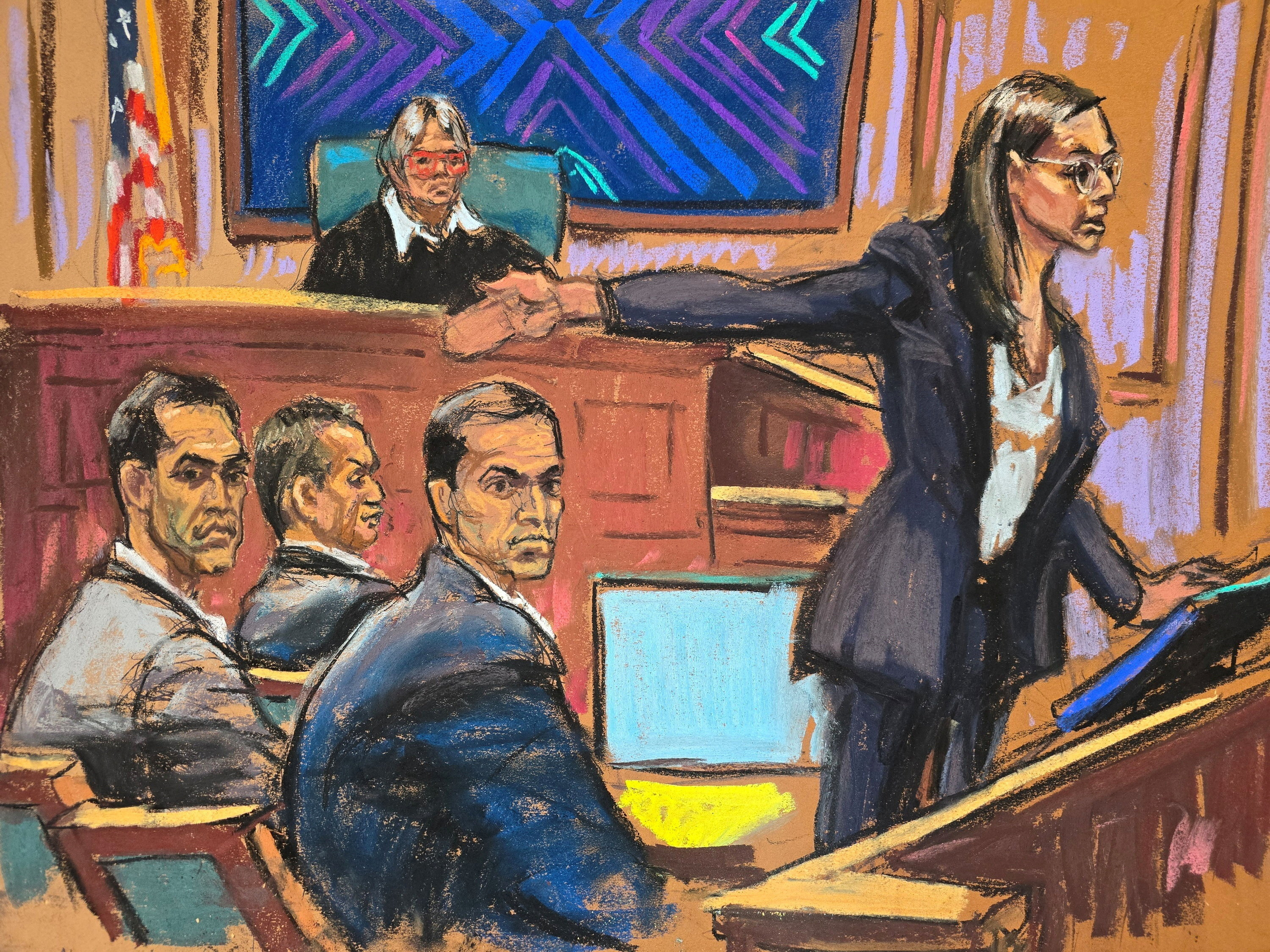 Illustration of prosecutor Madison Smyser pointing towards real estate agents Alon, Oren, and Tal Alexander during their sex trafficking trial.