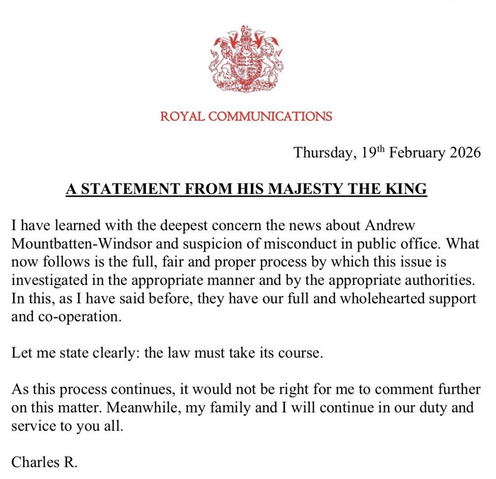 A statement from His Majesty the King regarding Andrew Mountbatten-Windsor.