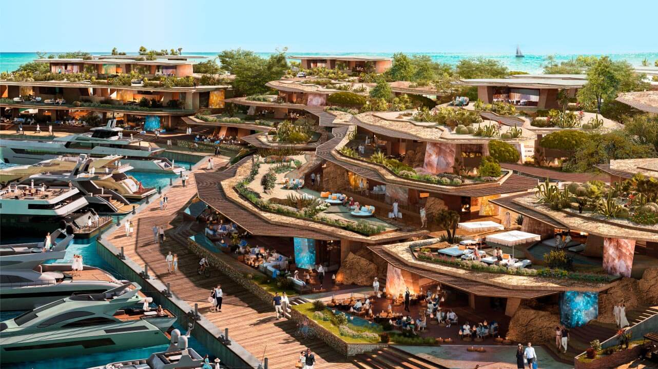 Illustration of the Sindalah luxury island in Saudi Arabia's NEOM project, featuring tiered buildings, yachts, and people enjoying the resort.