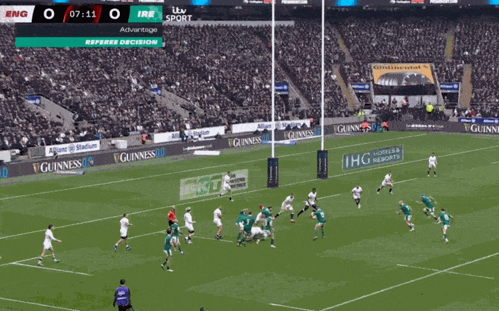 A Rugby match between England and Ireland in progress, showing several players in a scrum.