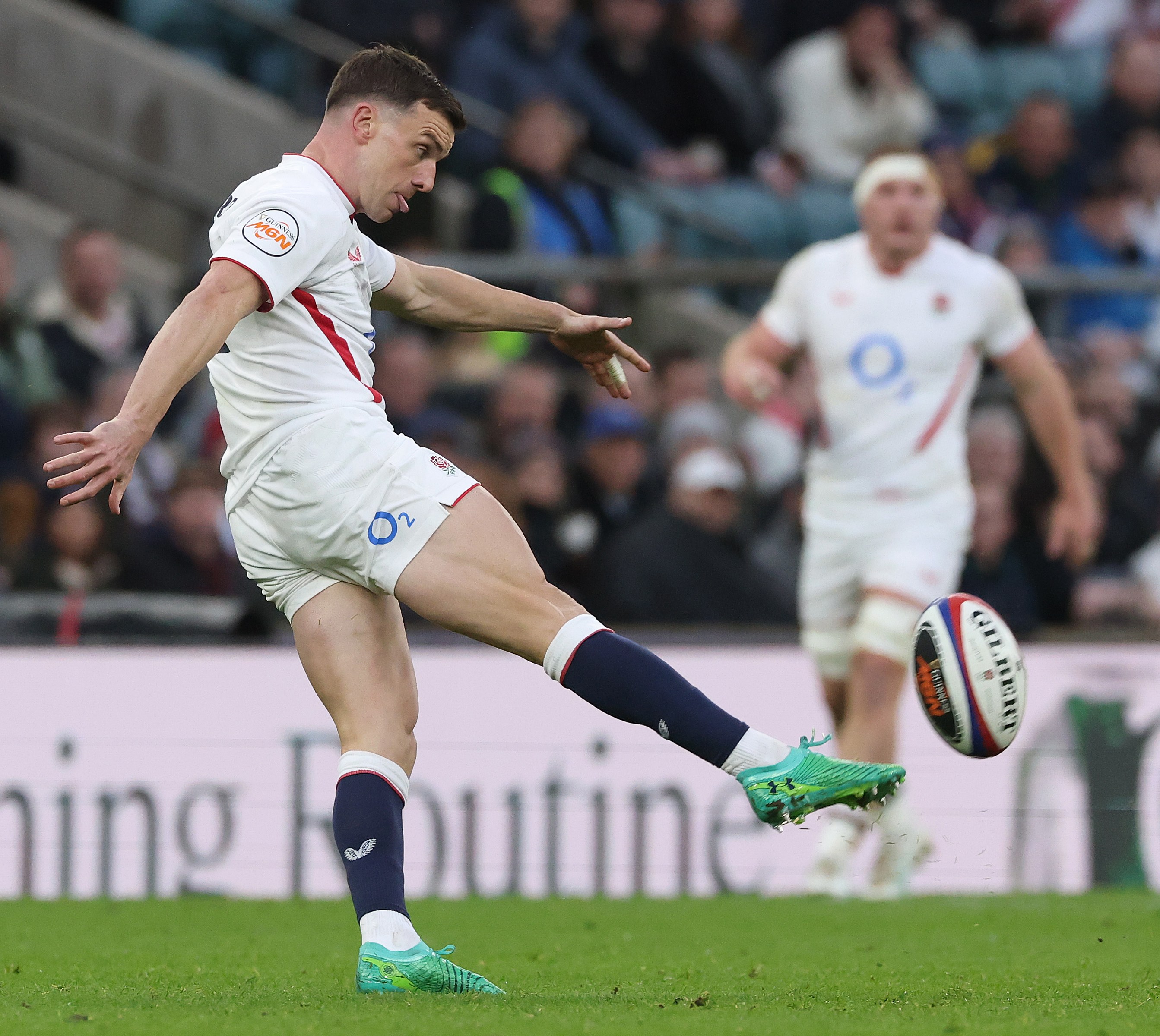 George Ford of England kicks the ball upfield during the Guinness Six Nations 2026 match.