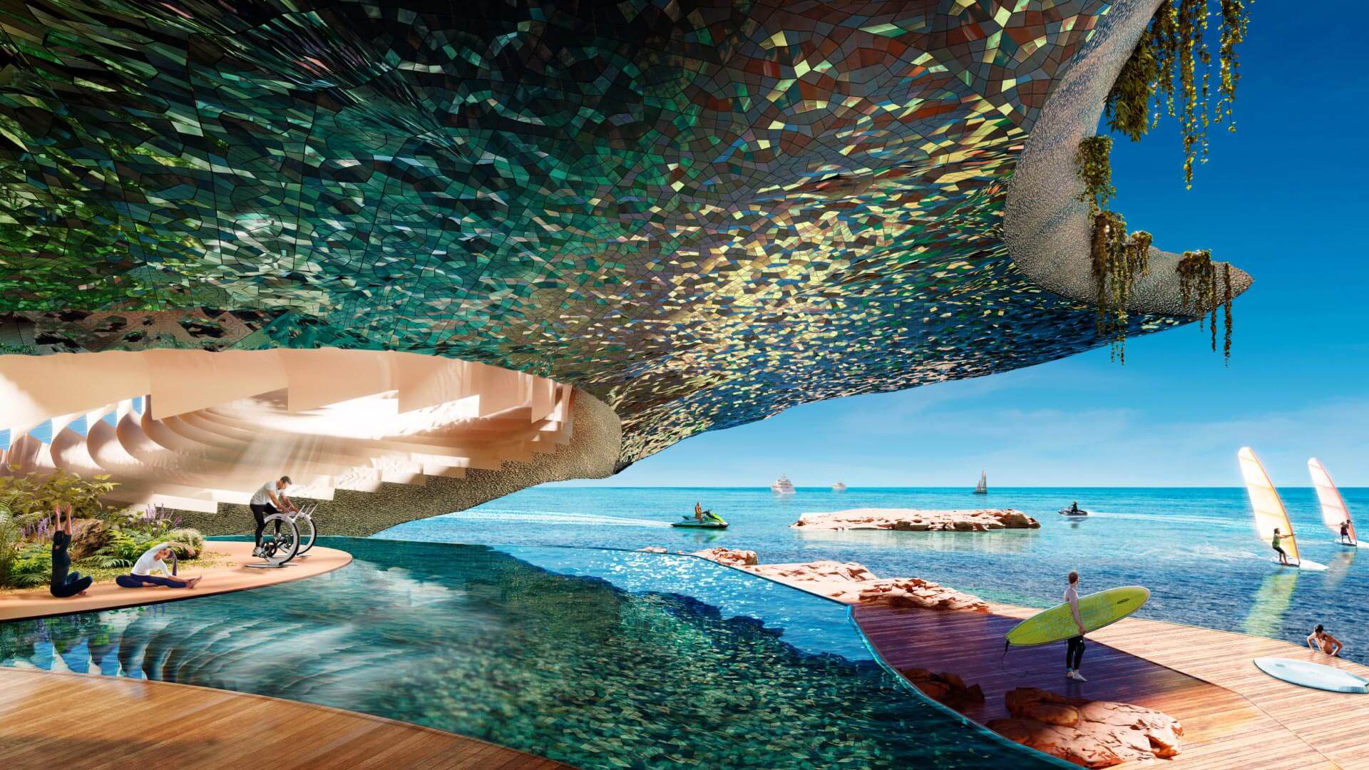 Illustration of the Sindalah luxury resort on the Red Sea, with a mosaic-tiled structure over water activities.