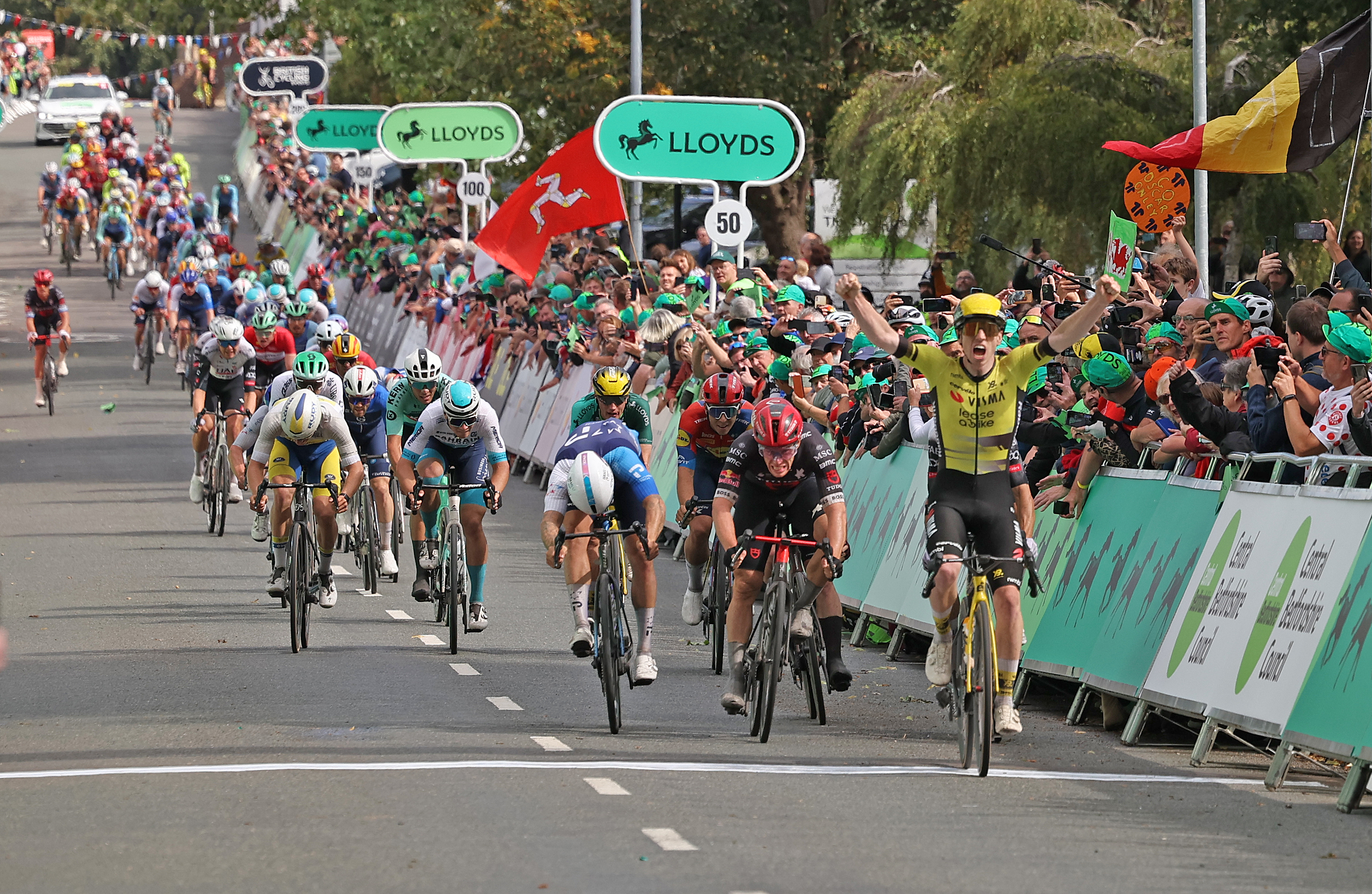 Matthew Brennan (Visma-Lease a Bike) wins stage 3 of the Tour of Britain in a bunch sprint.