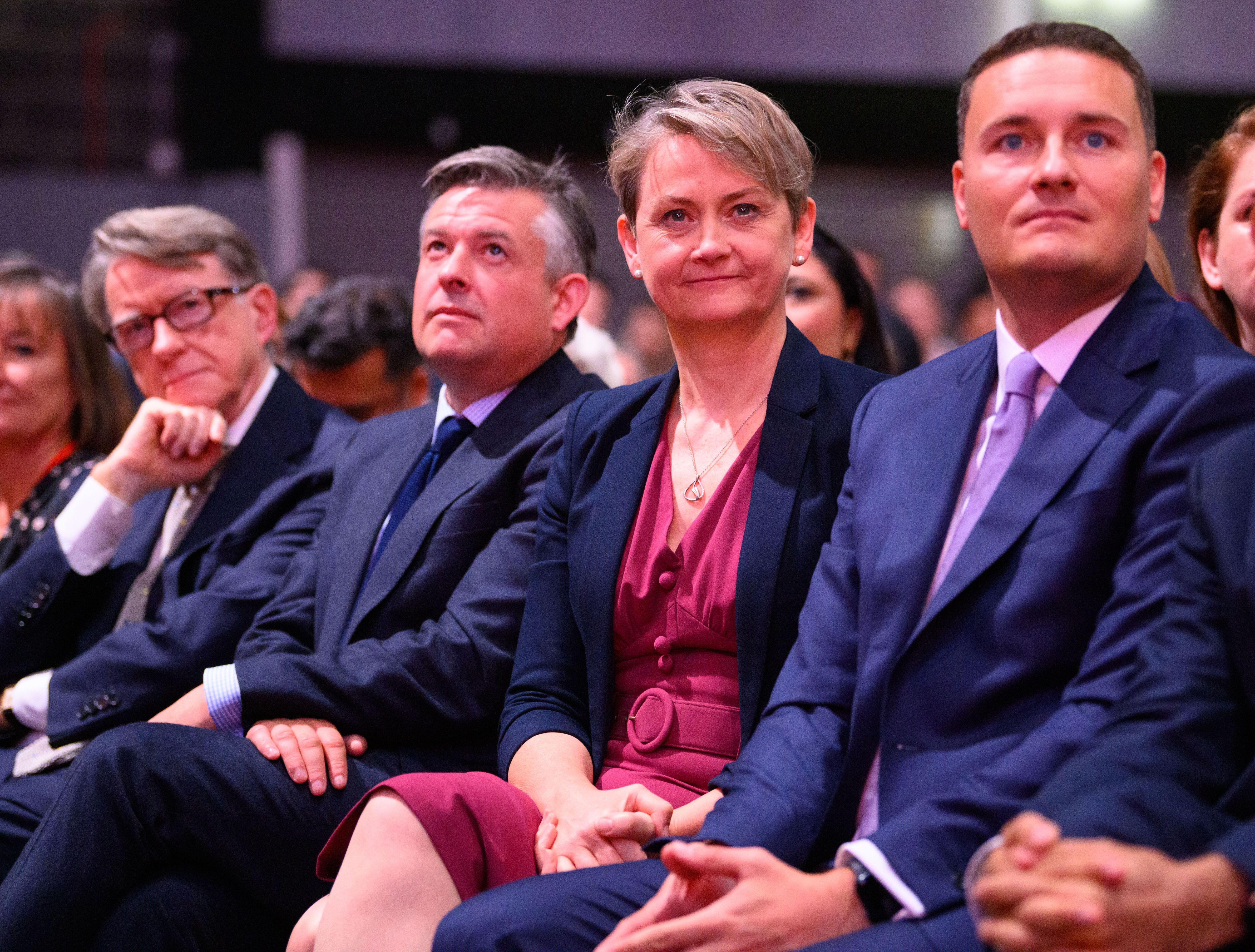 Labour Party MPs Peter Mandelson, Jonathan Ashworth, Yvette Cooper, and Wes Streeting at the Labour Party Conference.