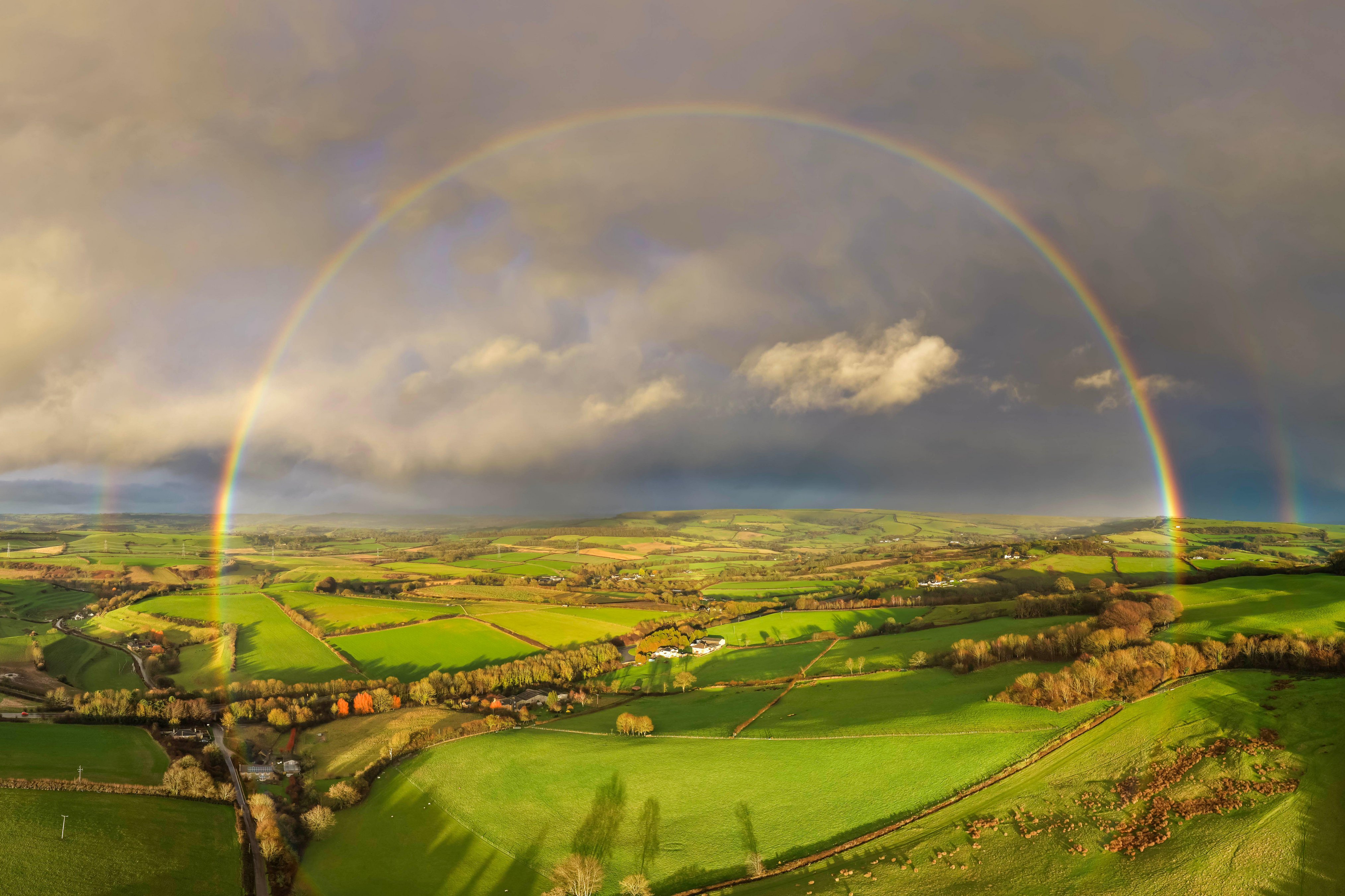 Uploders, Dorset, UK. 1st February 2026. UK Weather: A spectacular rainbow fills the dark stormy sky at Uploders in Dorset as the sun comes out as the rain clears late in the afternoon. Picture Credit: Graham Hunt/Alamy Live News