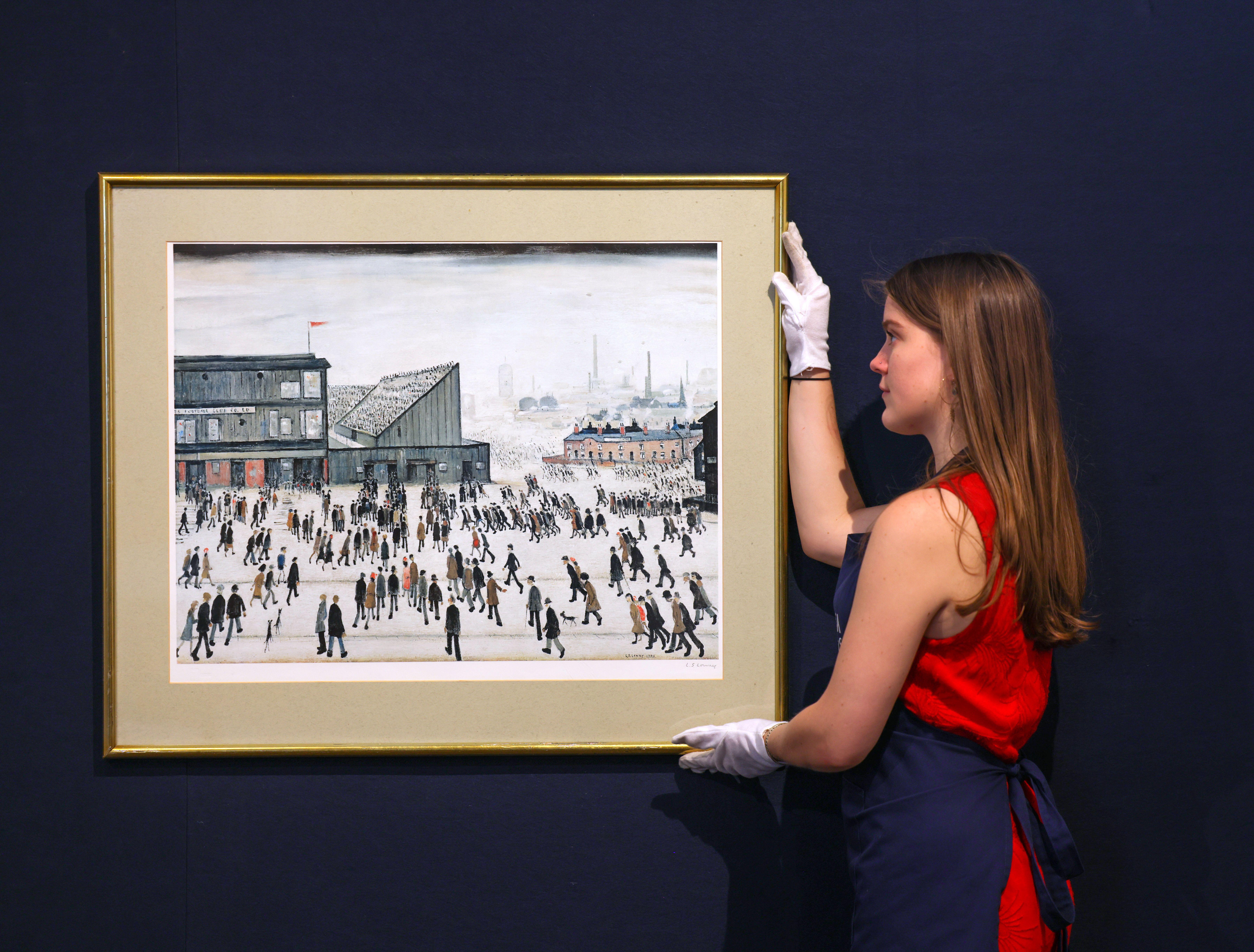 Illustration of a crowd of people outside a football stadium, by L.S. Lowry.