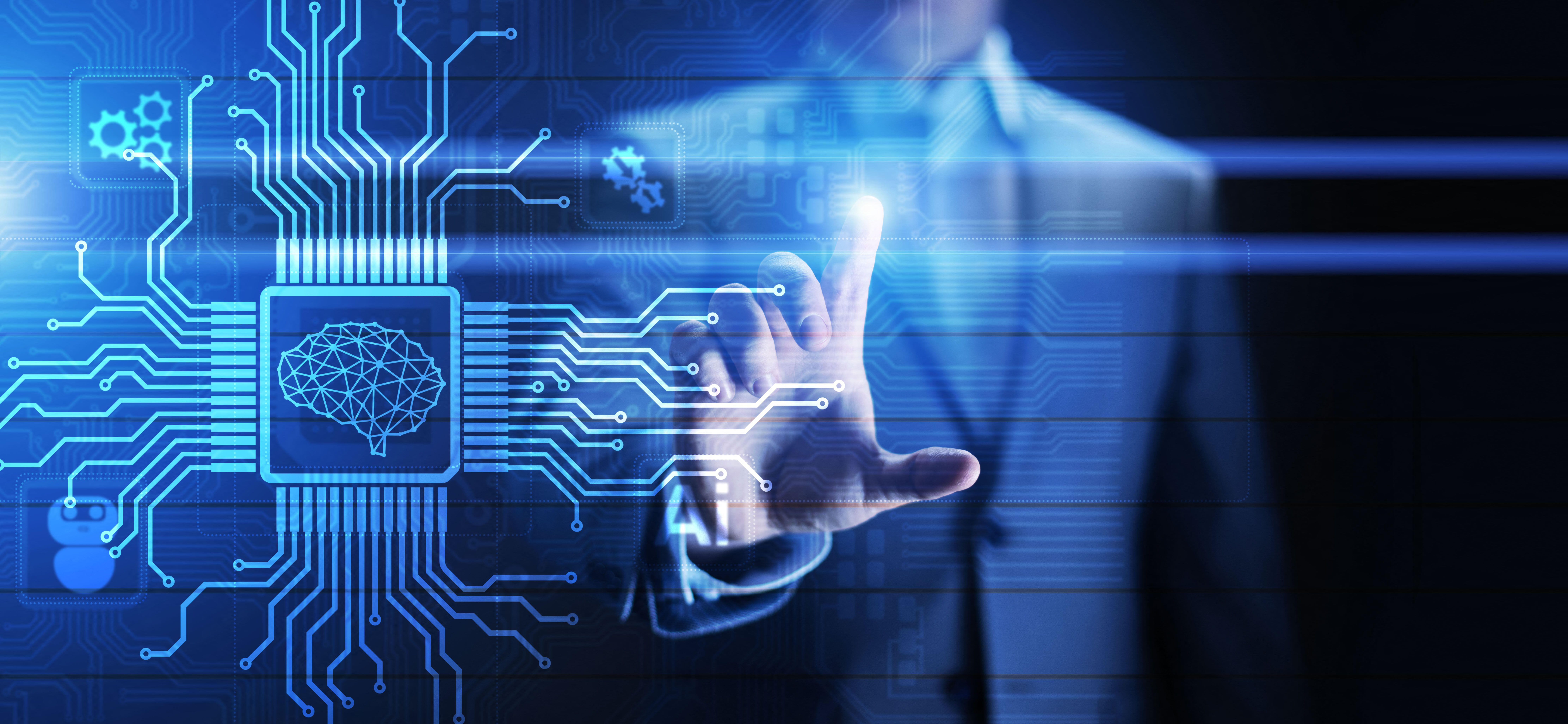 Illustration of a human hand interacting with a circuit board featuring a brain icon representing AI.