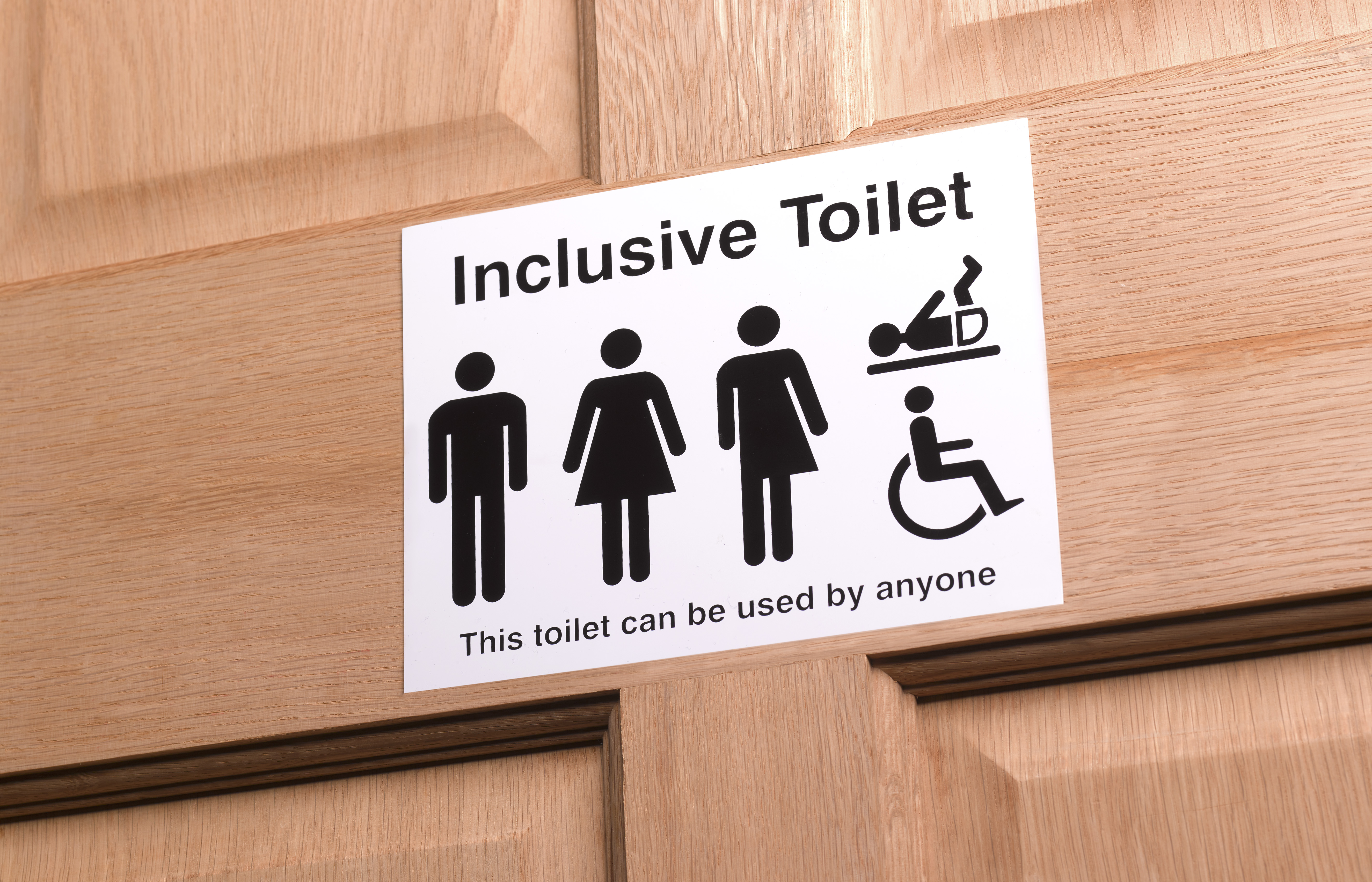 Inclusive toilet sign with symbols for male, female, gender neutral, baby changing, and disabled access.