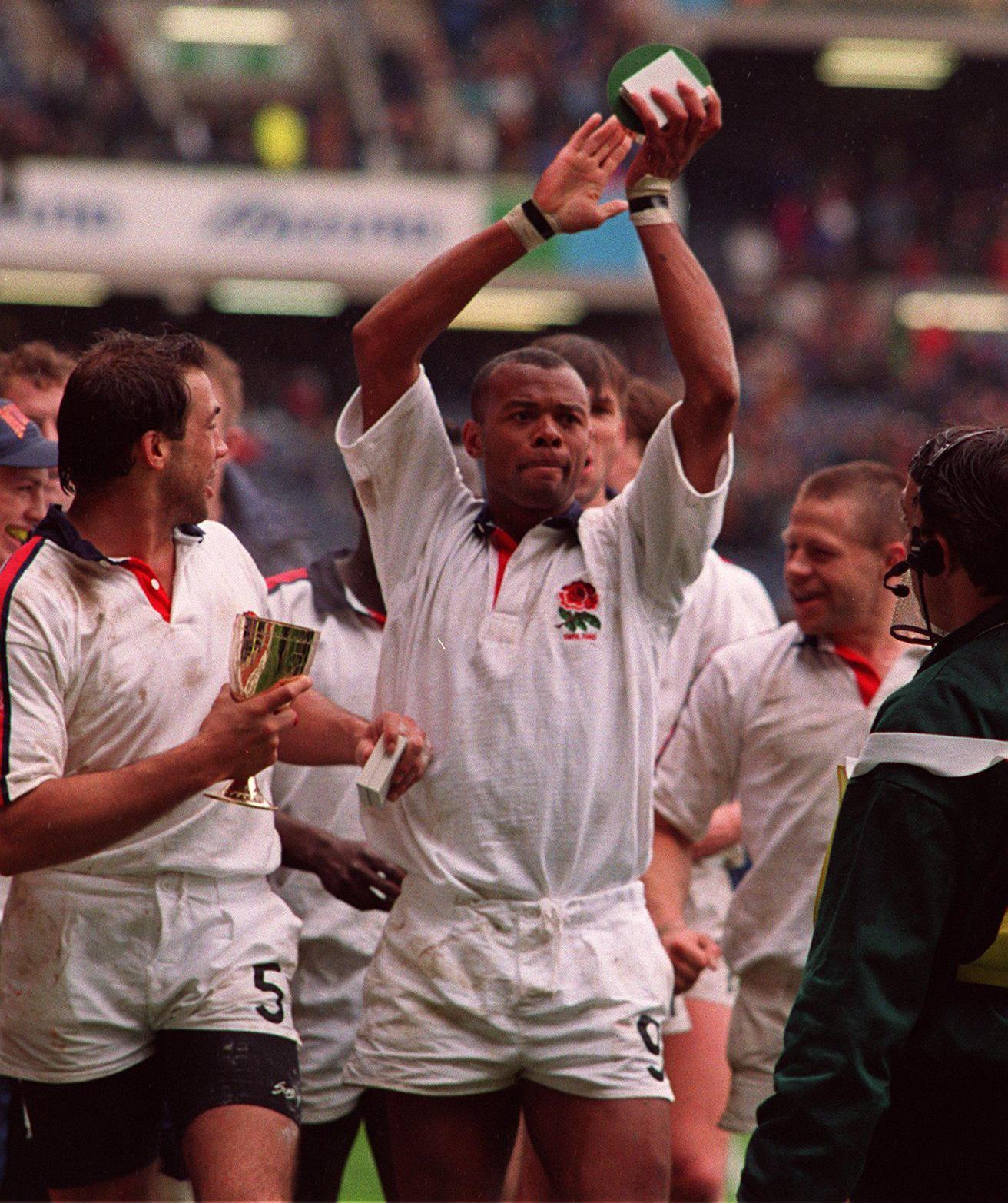 Andrew Harriman of England celebrates at the Rugby World Cup Sevens.