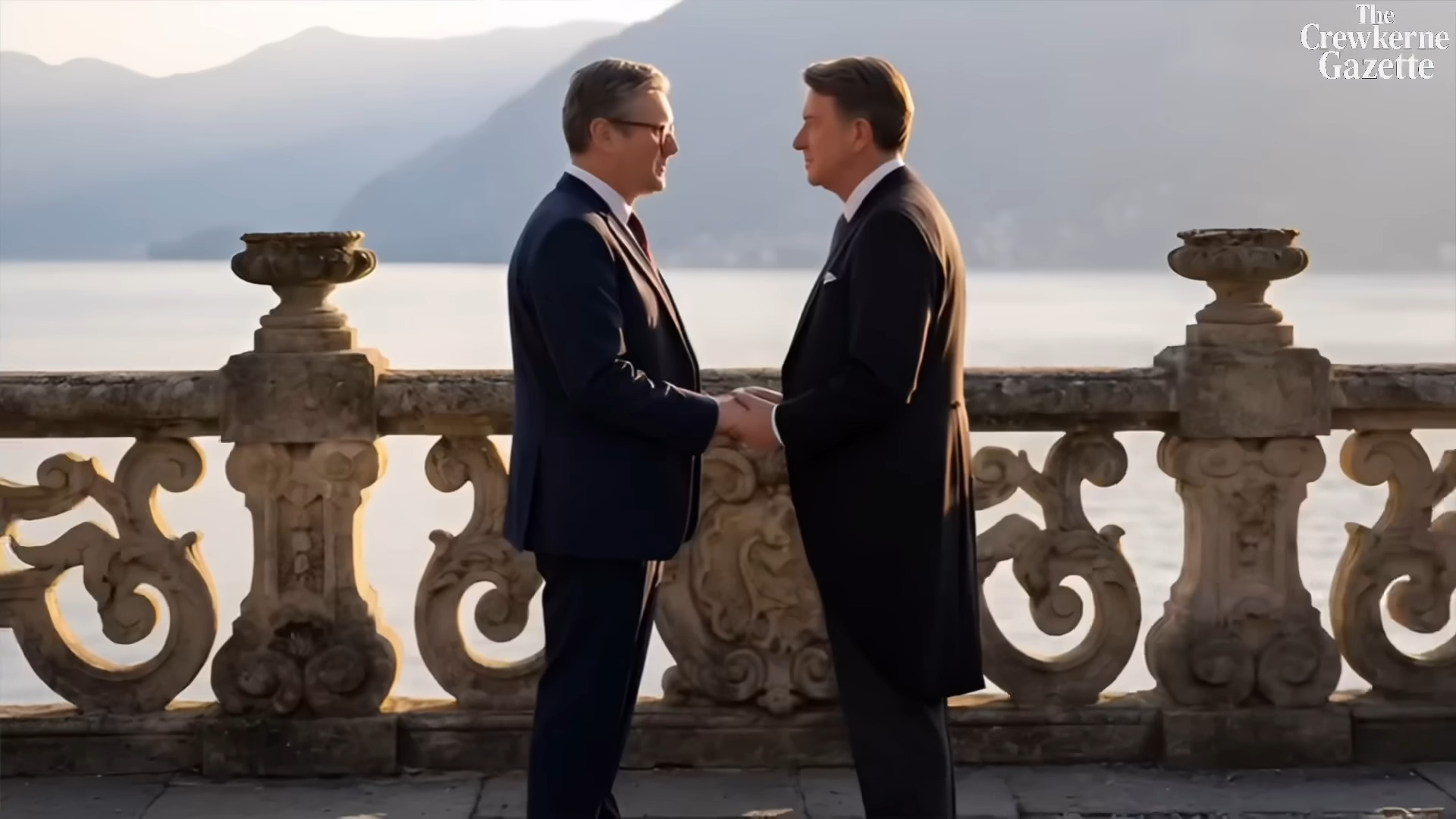 AI-generated image of two men in suits shaking hands.