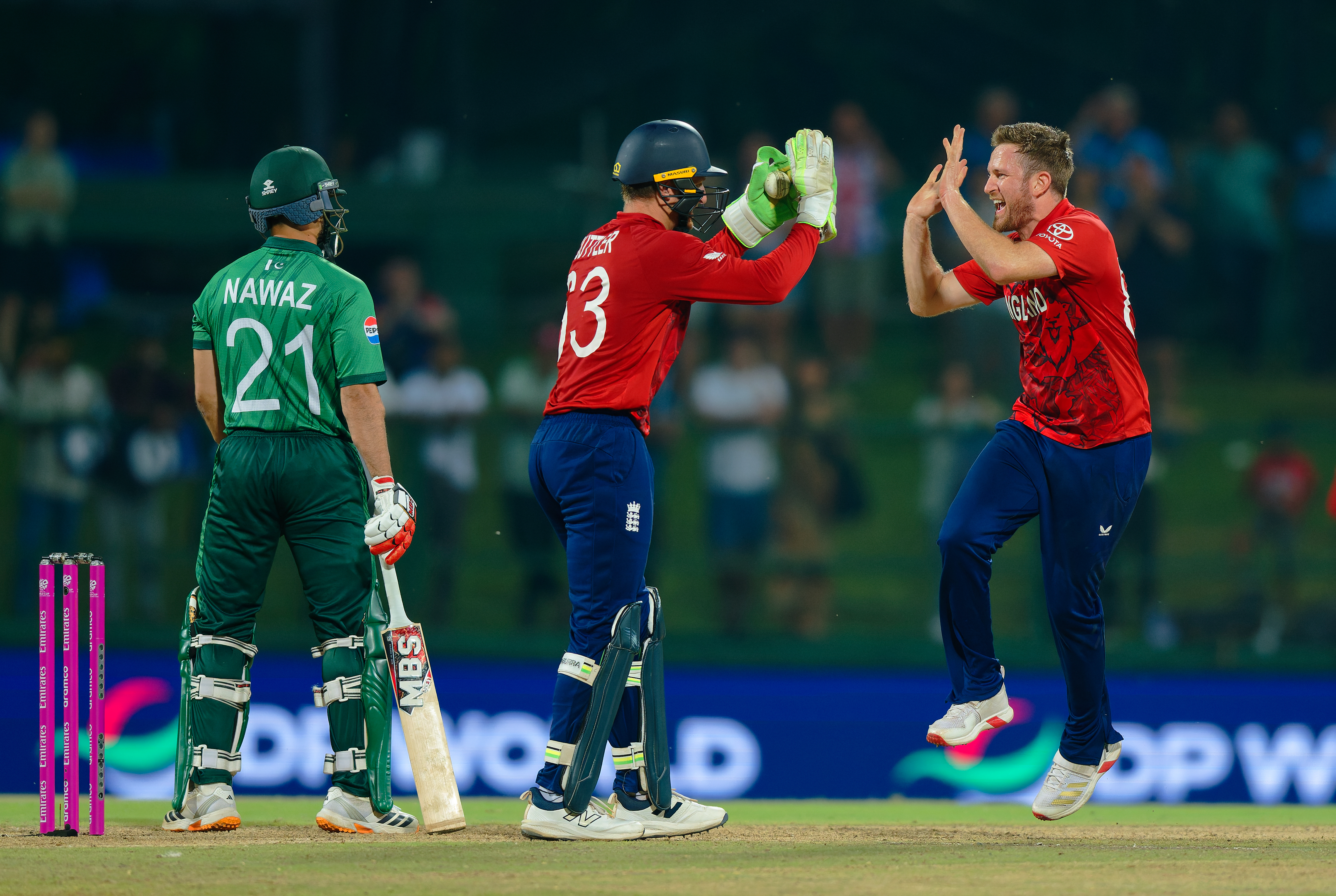 Liam Dawson of England celebrates the wicket of Mohammad Nawaz of Pakistan during the ICC Men's T20 World Cup.