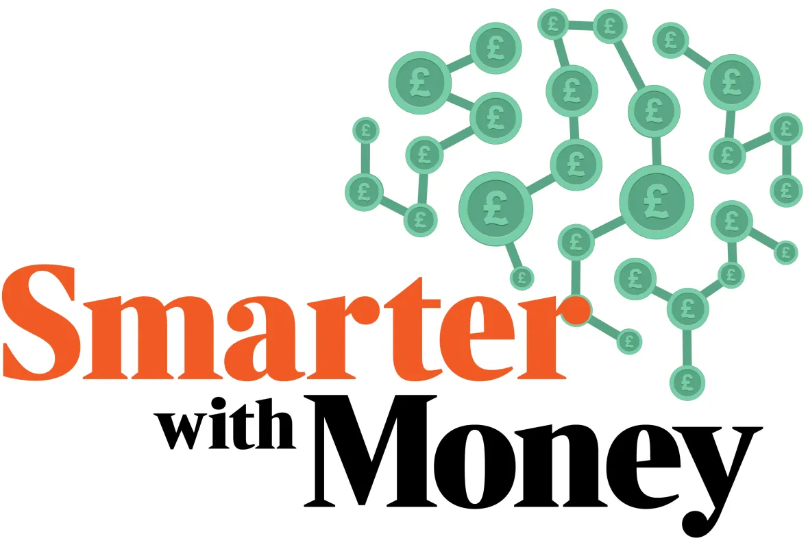 Illustration with "Smarter with Money" in orange and black text, and a network of green circles with pound symbols resembling a brain.