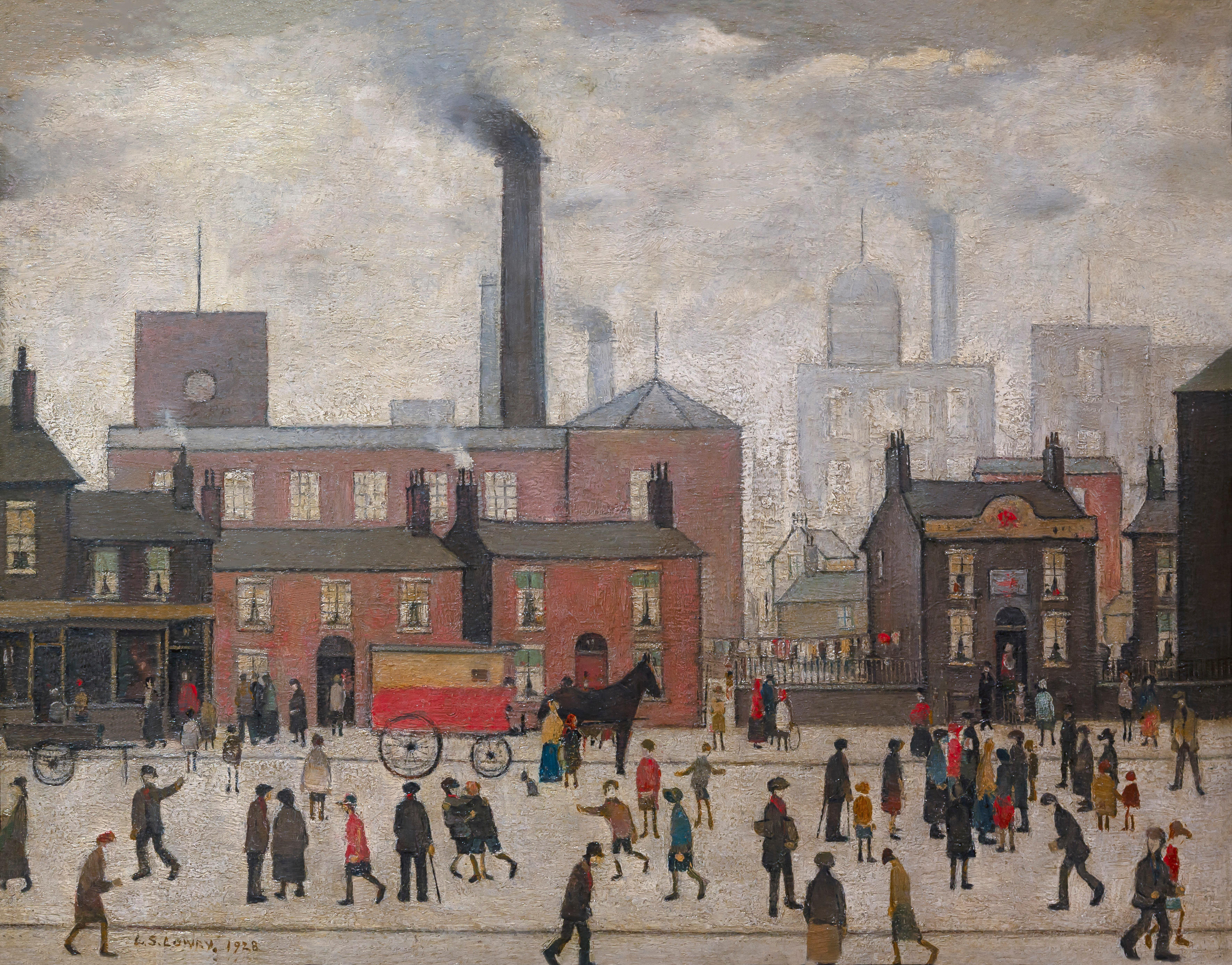 Illustration of an industrial town with people walking on the street and factories in the background.