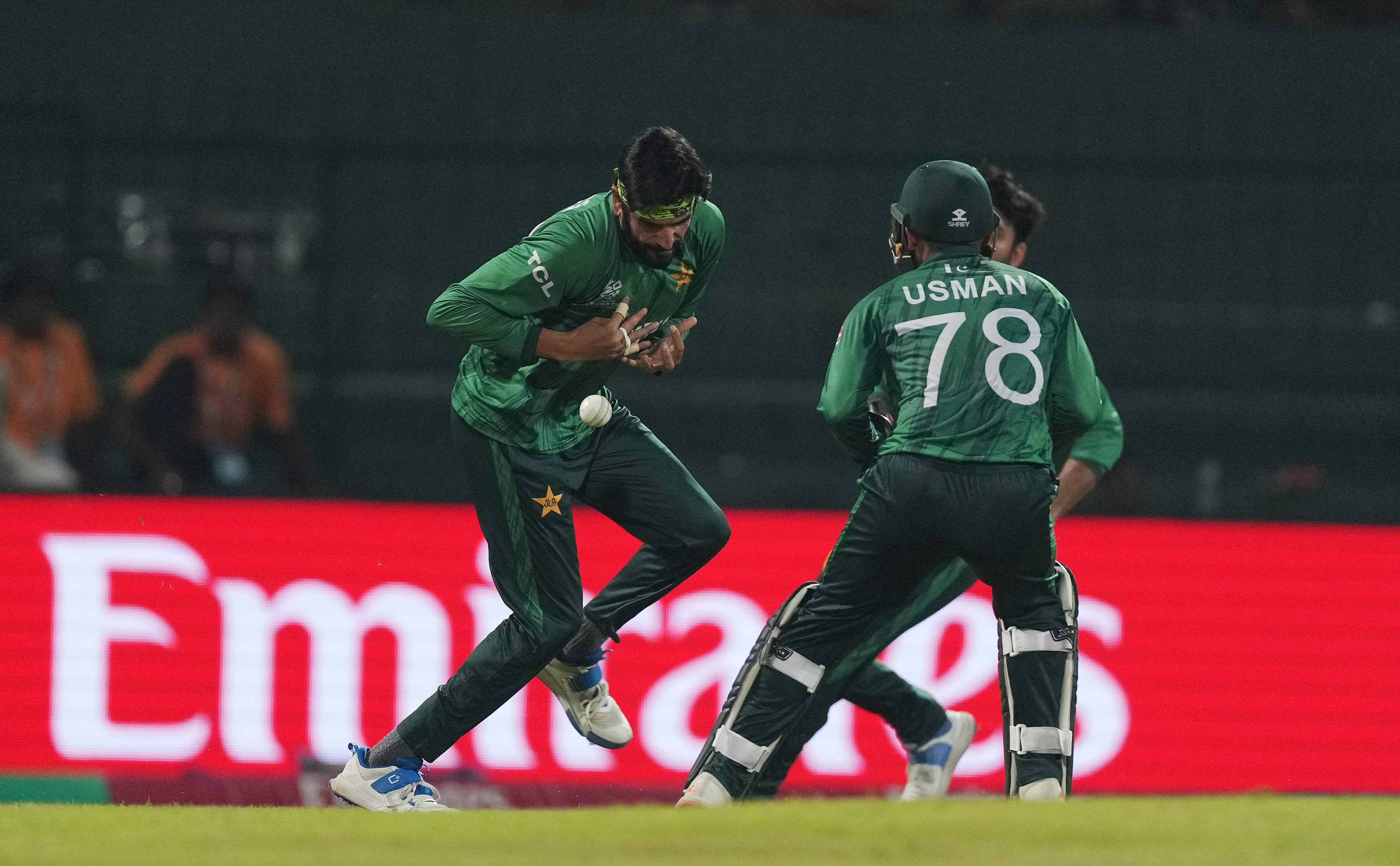 Usman Tariq of Pakistan dropping a catch from the bat of Jacob Bethell of England during a T20 World Cup match.