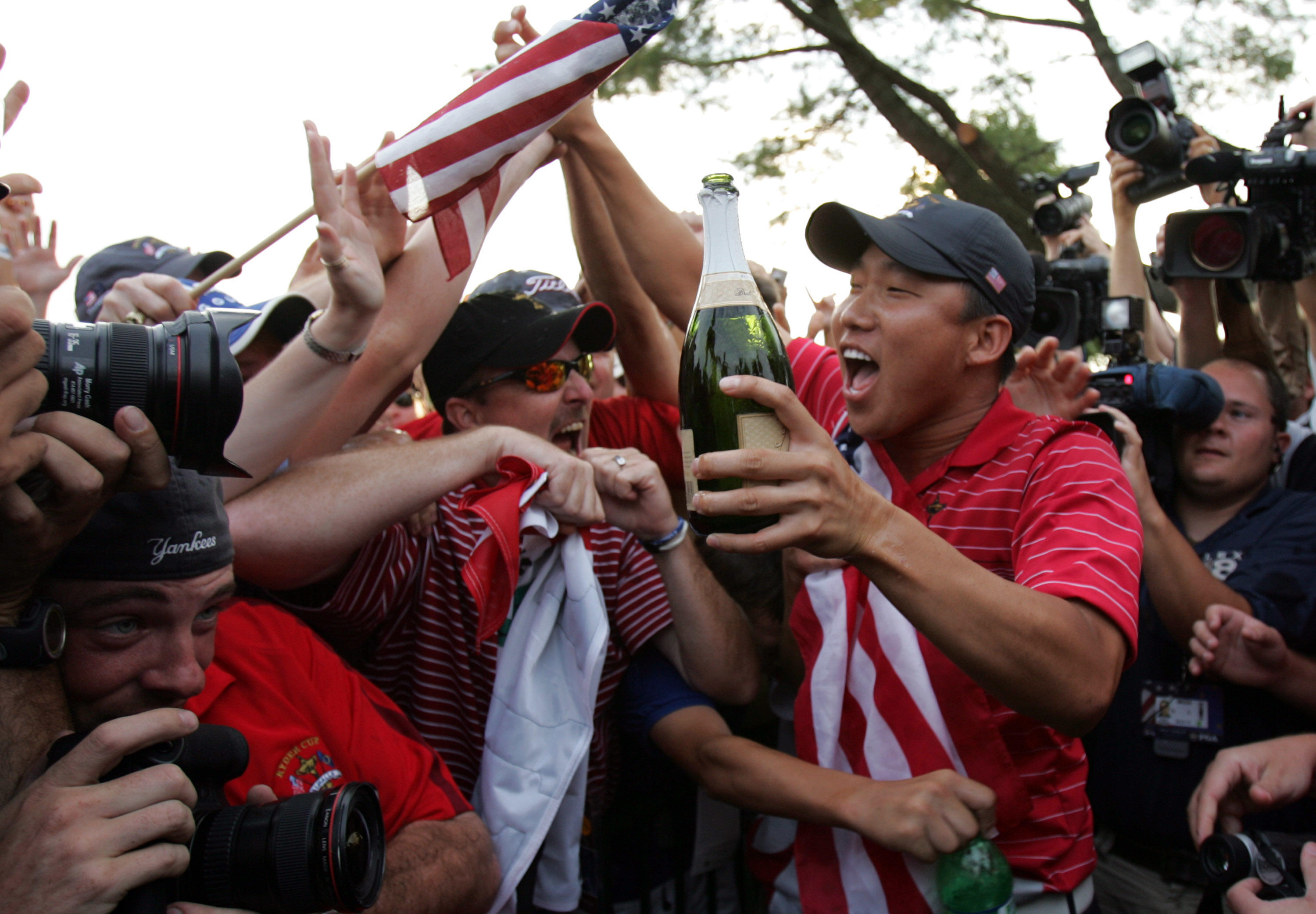 Team USA's Anthony Kim celebrates with fans after Team USA defeated Team Europe 16 1/2 to 11 1/2 to win the Ryder Cup at the Valhalla Golf Club in Louisville, Kentucky on September 21, 2008. (UPI Photo/Mark Cowan)