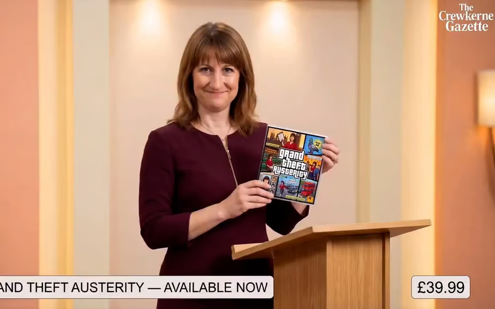 A woman holding a "Grand Theft Austerity" game box in an AI-generated video from The Crewkerne Gazette.