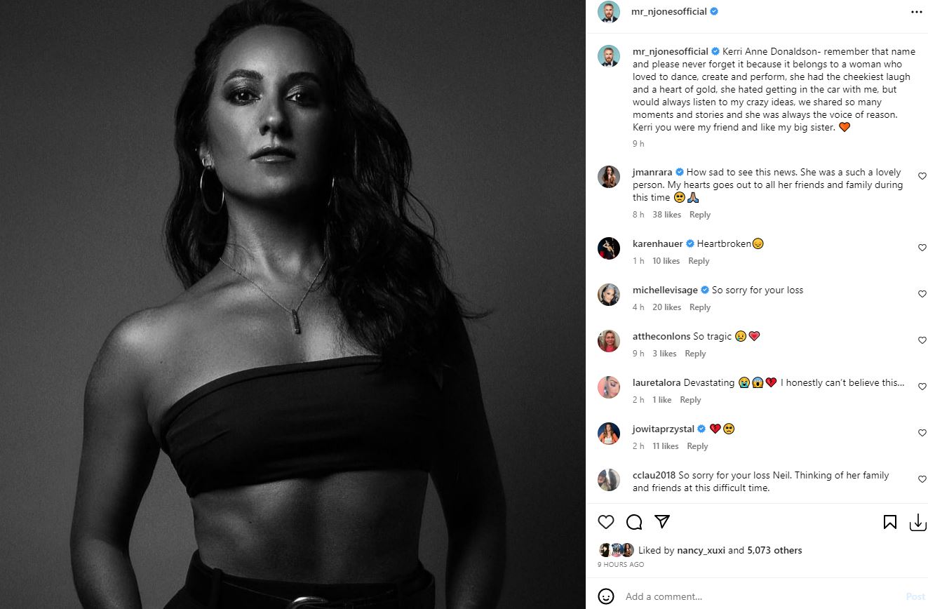 Black and white studio portrait of Kerri-Anne Donaldson, shared by Neil Jones, to commemorate her passing.