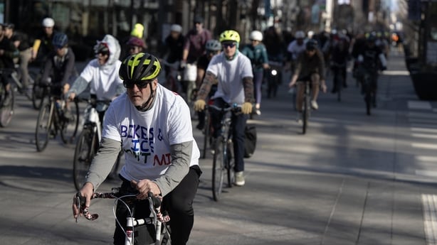 DENVER, CO - JANUARY 31: Cyclists ride down 16th Street Mall during a memorial bike ride for Alex Pretti, who was killed by U.S. Immigration and Customs Enforcement officers in Minneapolis last Saturday, as seen on Saturday, Jan. 31, 2026, in Denver, Colo. (Photo by Timothy Hurst/MediaNews Group/The