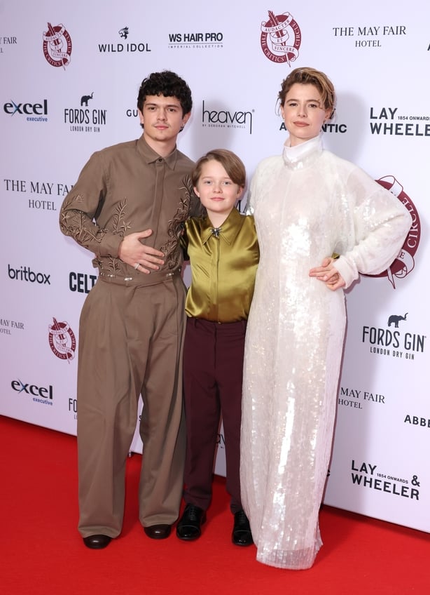 LONDON, ENGLAND - FEBRUARY 01: (L-R) Noah Jupe, Jacobi Jupe and Jessie Buckley attend the 46th Critics' Circle Film Awards at The May Fair Hotel on February 01, 2026 in London, England. (Photo by Mike Marsland/WireImage)