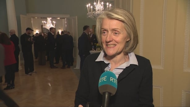 Mary Sadlier, CEO of company Coole Swan, speaks to RTE News at the US Ambassador's residence in Dublin