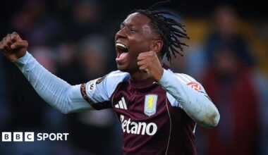 Jamaldeen Jimoh-Aloba celebrates his first senior goal for Aston Villa in the Europa League tie against RB Salzburg