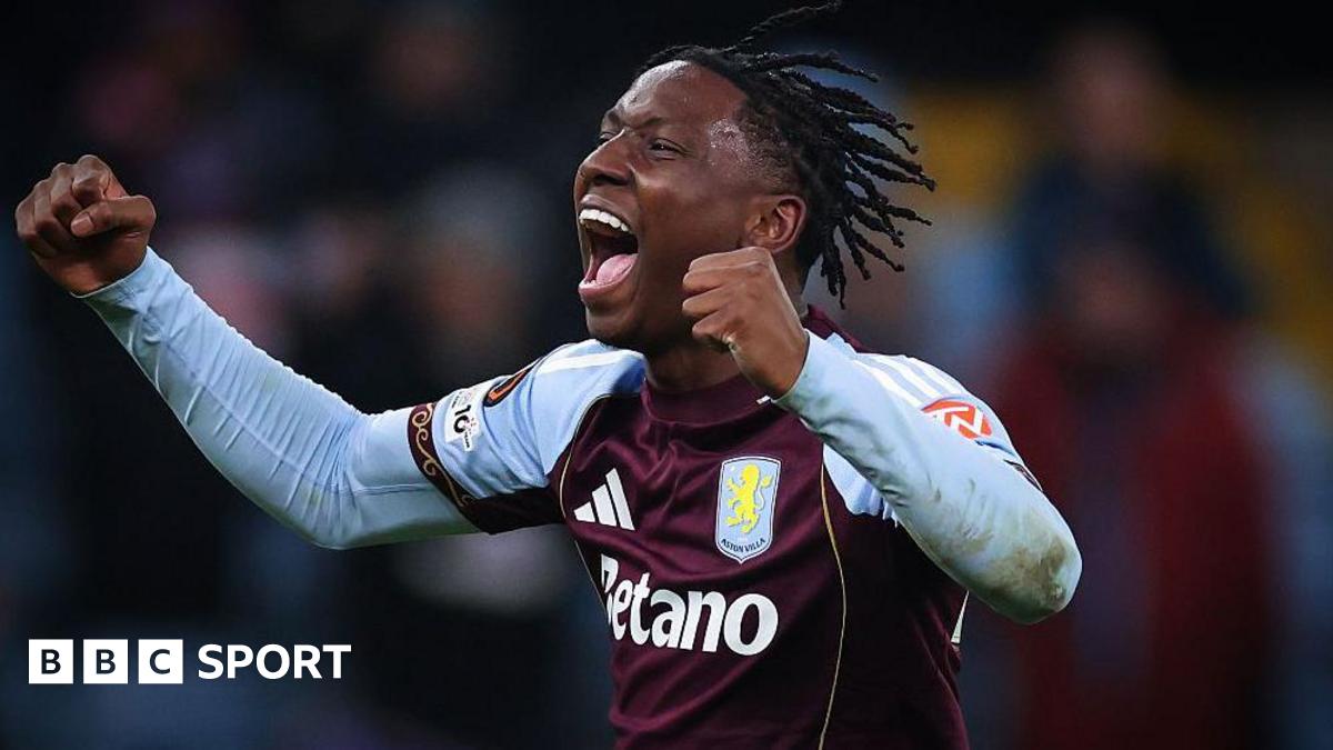 Jamaldeen Jimoh-Aloba celebrates his first senior goal for Aston Villa in the Europa League tie against RB Salzburg