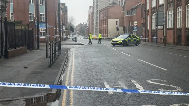 A police cordon in a road in Leicester city centre