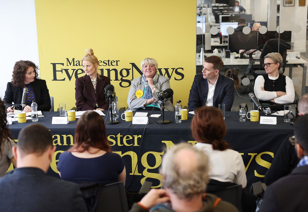 The result is expected to be close between Angeliki Stogia (left), Hannah Spencer (second left) and Matt Goodwin (second right)