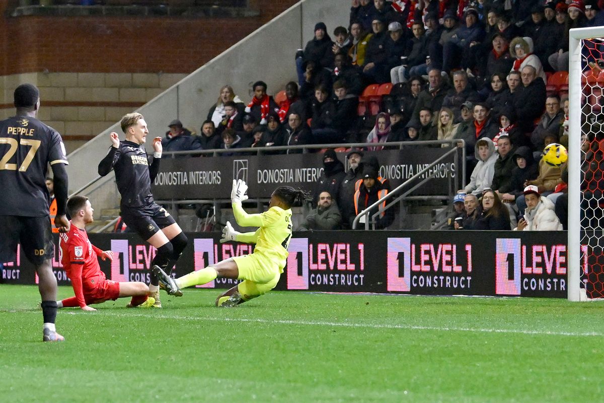 Goal celebrations for Argyle's Ronan Curtis during the Sky Bet League One match against Leyton Orient at BetWright Stadium, London on 17 February 2026. Photo: Garry Bowden/PPAUK