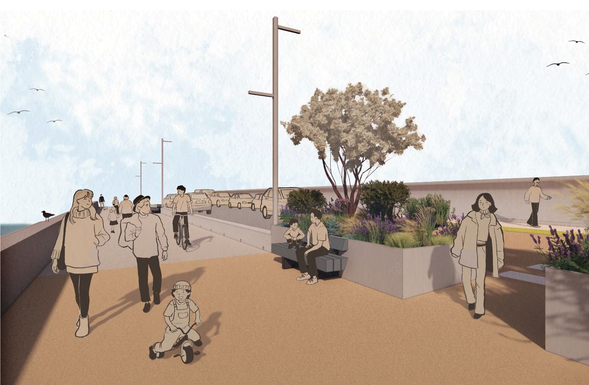 Proposed public realm improvements along the promenade in north Barmouth. The  much higher secondary wall is depicted on the other side of Marine Parade road