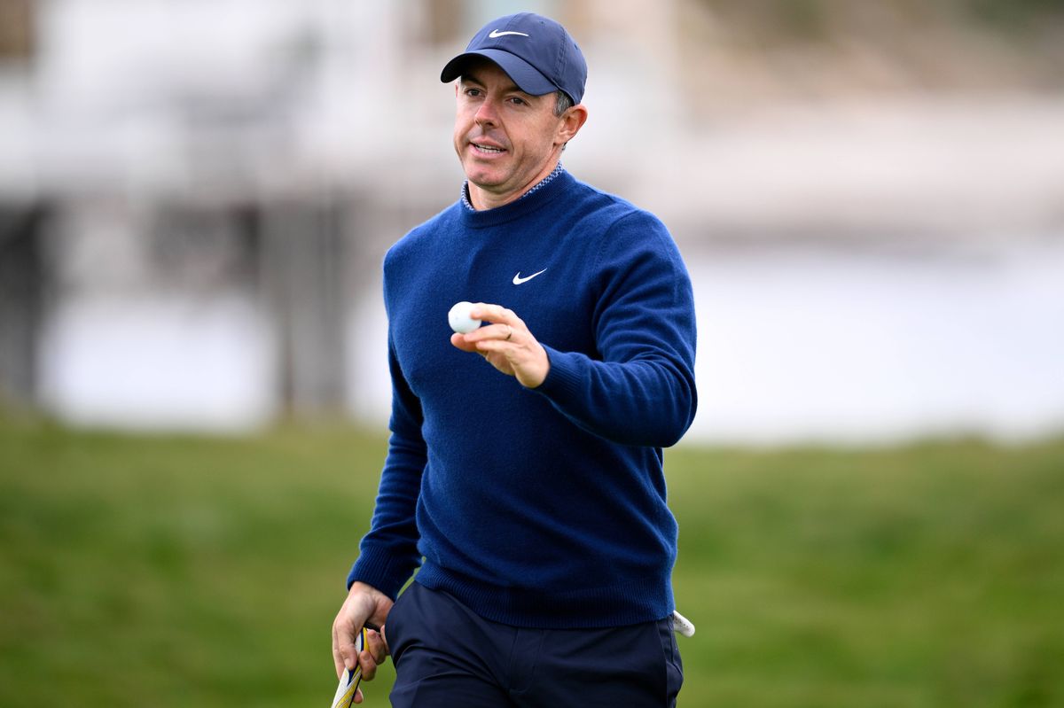 Rory McIlroy of Northern Ireland reacts to his putt on the 17th green during the third round of the AT&T Pebble Beach Pro-Am 2026 at Pebble Beach Golf Links on February 14, 2026 in Pebble Beach, California.