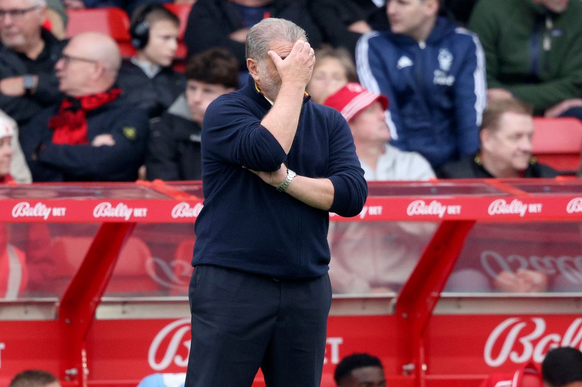 Ange Postecoglou cannot look during Nottingham Forest's defeat to Chelsea