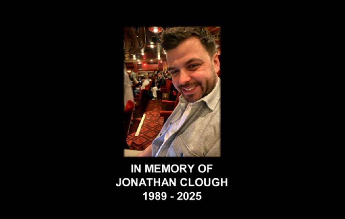 A black-and-white portrait of an individual, wearing formal attire, is displayed against a dark background. Text overlaying the image reads, "In Memory of Jonathan Clough, 1989-2023."