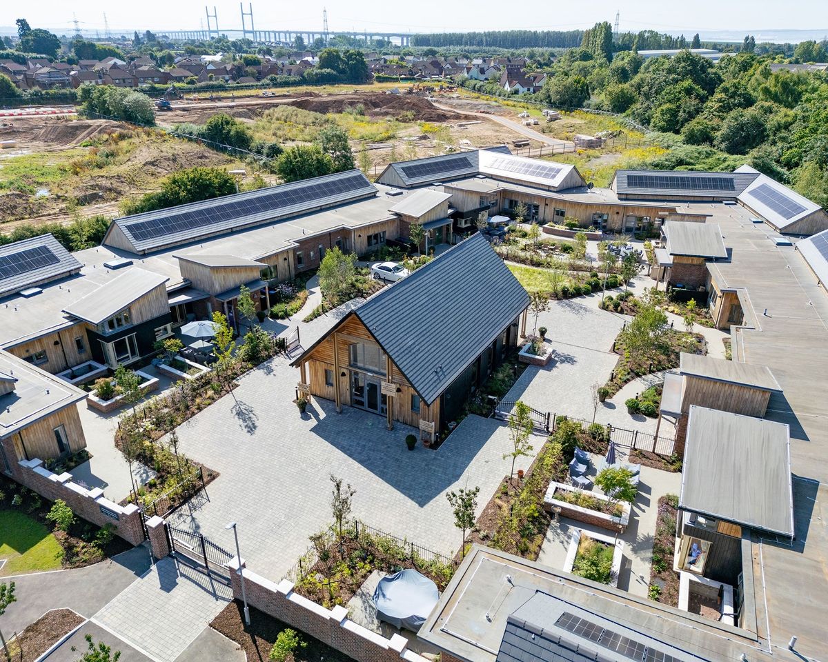aerial view of Modern care home design for people with dementia including central hub surrounded by single-storey connected building at Severn View Park Care Home by Pentan Architects one of Six projects shortlisted for RSAW Welsh Architecture Awards 2026 