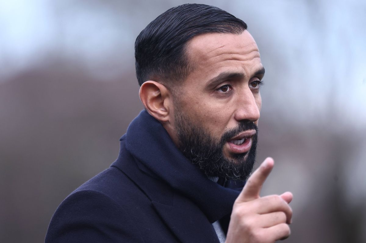 Marseille's French-Moroccan football manager Medhi Benatia is pictured prior to the French Cup round of 64 football match between Bourg-en-Bresse (FBBP) and Olympique de Marseille (OM) at the Marcel-Verchere Stadium in Bourg-en-Bresse, eastern France, on December 21, 2025. (Photo by Alex MARTIN / AFP via Getty Images)