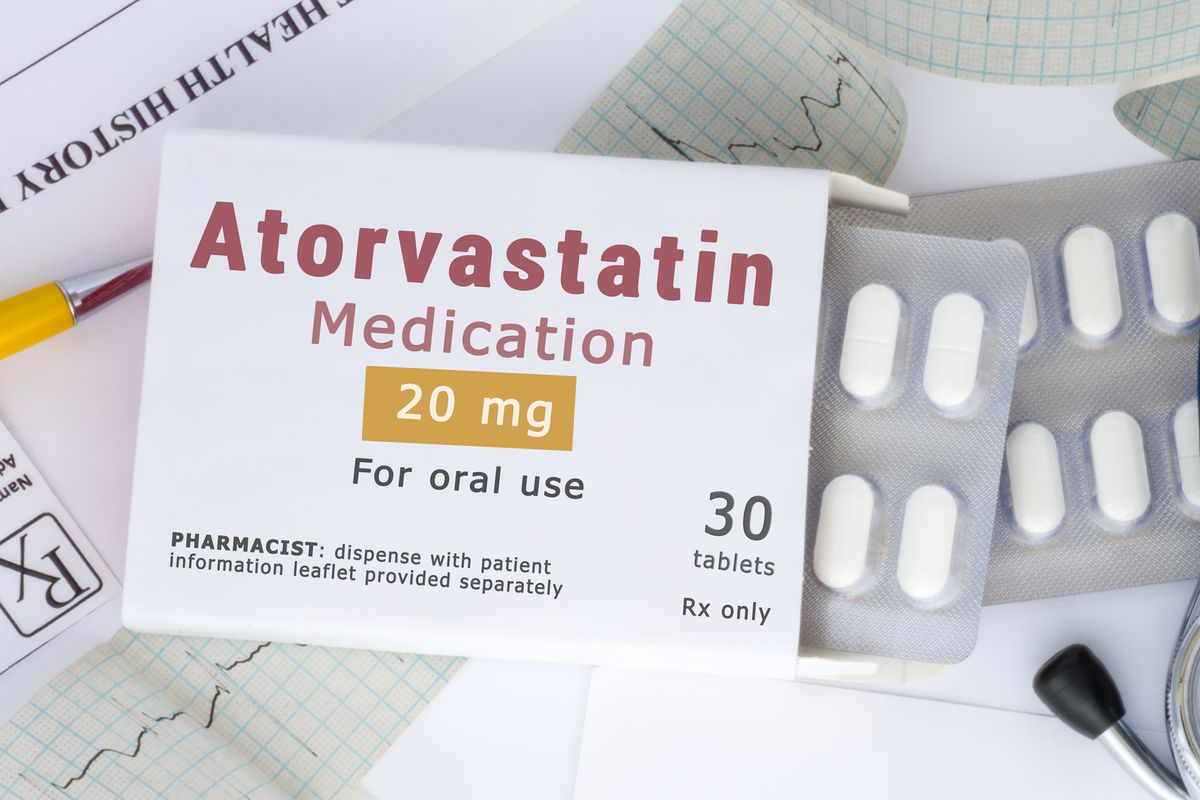 Atorvastatin active ingredient in drug as international nonproprietary name of active pharmaceutical substance concept photo. Packaging with label "Atorvastatin medication"