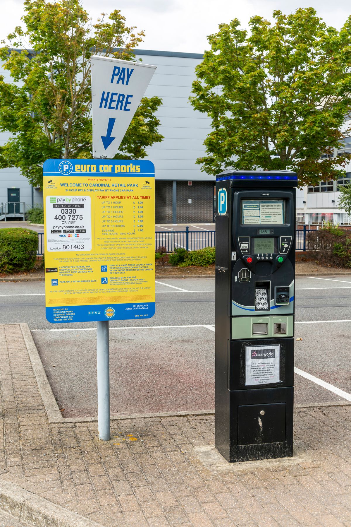 Euro Car parks ticket machine and sign, Cardinal Retail Park, Ipswich, Suffolk, England, UK. (Photo by: Geography Photos/Universal Images Group via Getty Images)