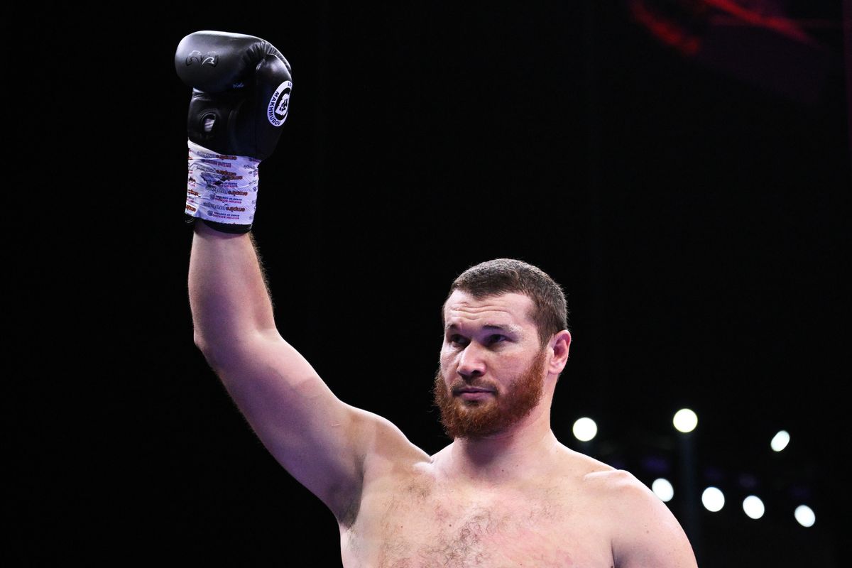 RIYADH, SAUDI ARABIA - OCTOBER 28: Arslanbek Makhmudov celebrates victory over Junior Anthony Wright after the NAB and WBA Inter-Continental Heavyweight fight between Arslanbek Makhmudov and Junior Anthony Wright at Boulevard Hall on October 28, 2023 in Riyadh, Saudi Arabia. (Photo by Justin Setterfield/Getty Images)