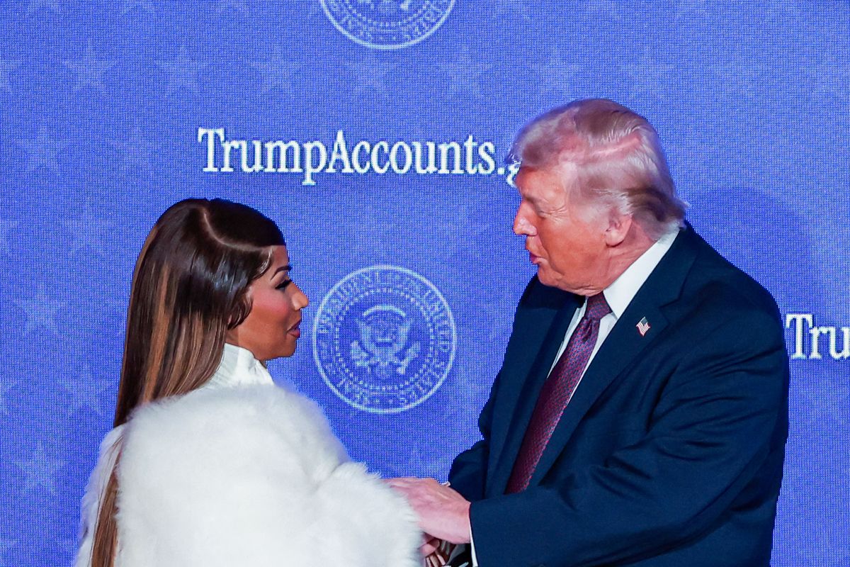 Rapper Nicki Minaj, left, and US President Donald Trump during the Trump Accounts Launch Summit in Washington, DC, US, on Wednesday, Jan. 28, 2026.
