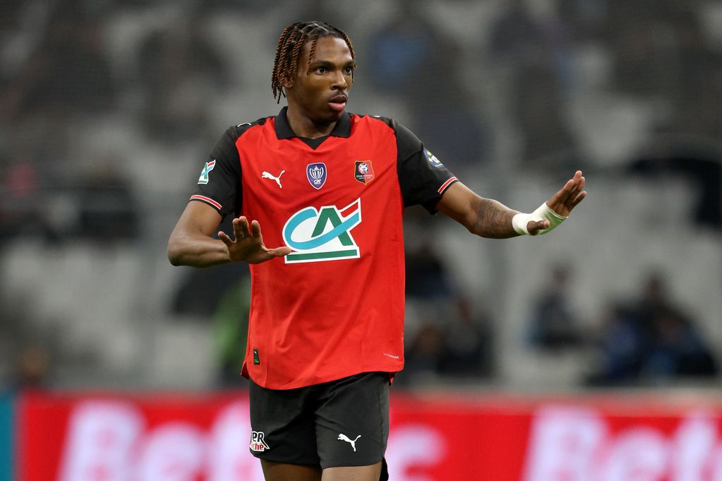 MARSEILLE, FRANCE - FEBRUARY 3: Jeremy Jacquet of Stade Rennais gestures during a French Cup match between Olympique de Marseille and Stade Rennais at Orange Velodrome on February 3, 2026 in Marseille, France. (Photo by Neal Simpson/Sportsphoto/Allstar via Getty Images)